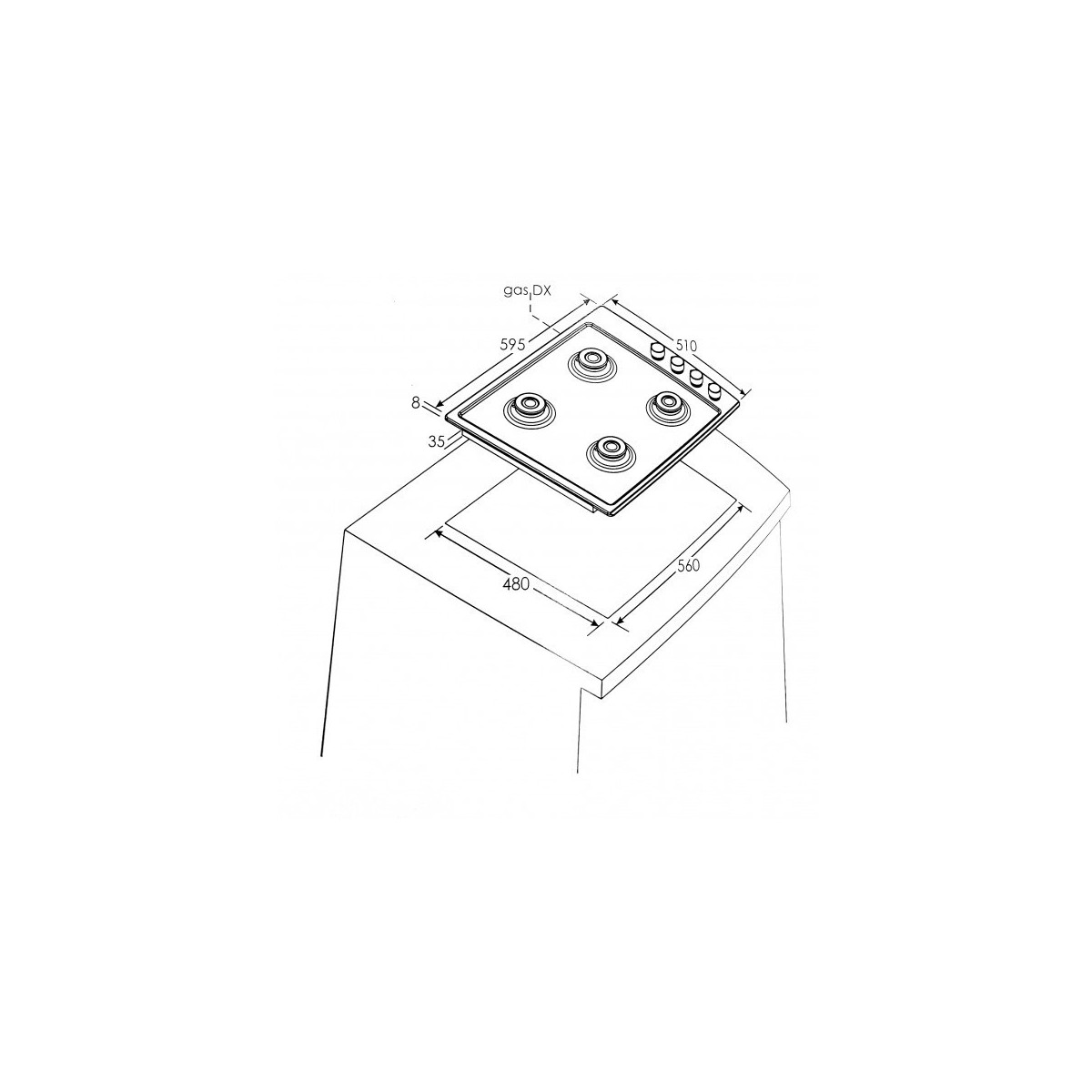 Disegno al tratto di un piano cottura a gas a quattro fuochi con dimensioni e foro.