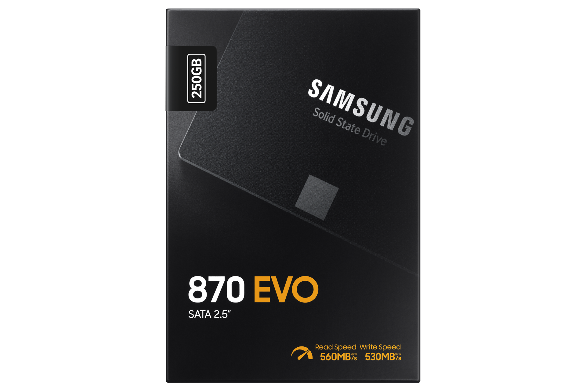 Schwarze Produktverpackung der Samsung 870 EVO SATA 2.5 Zoll SSD mit 250 GB Speicher.