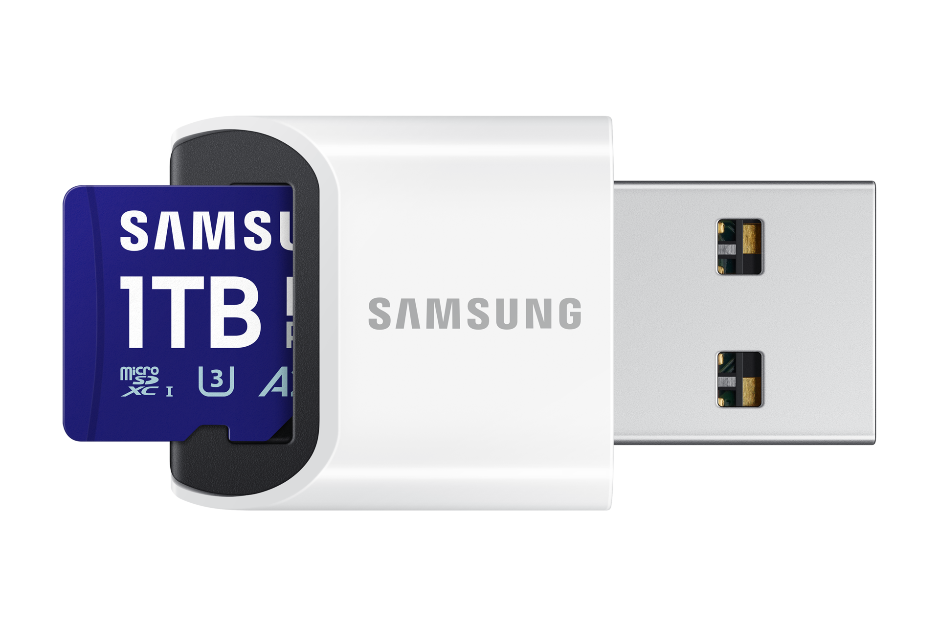 Un adattatore USB Samsung bianco con una scheda MicroSD blu da 1 TB inserita.