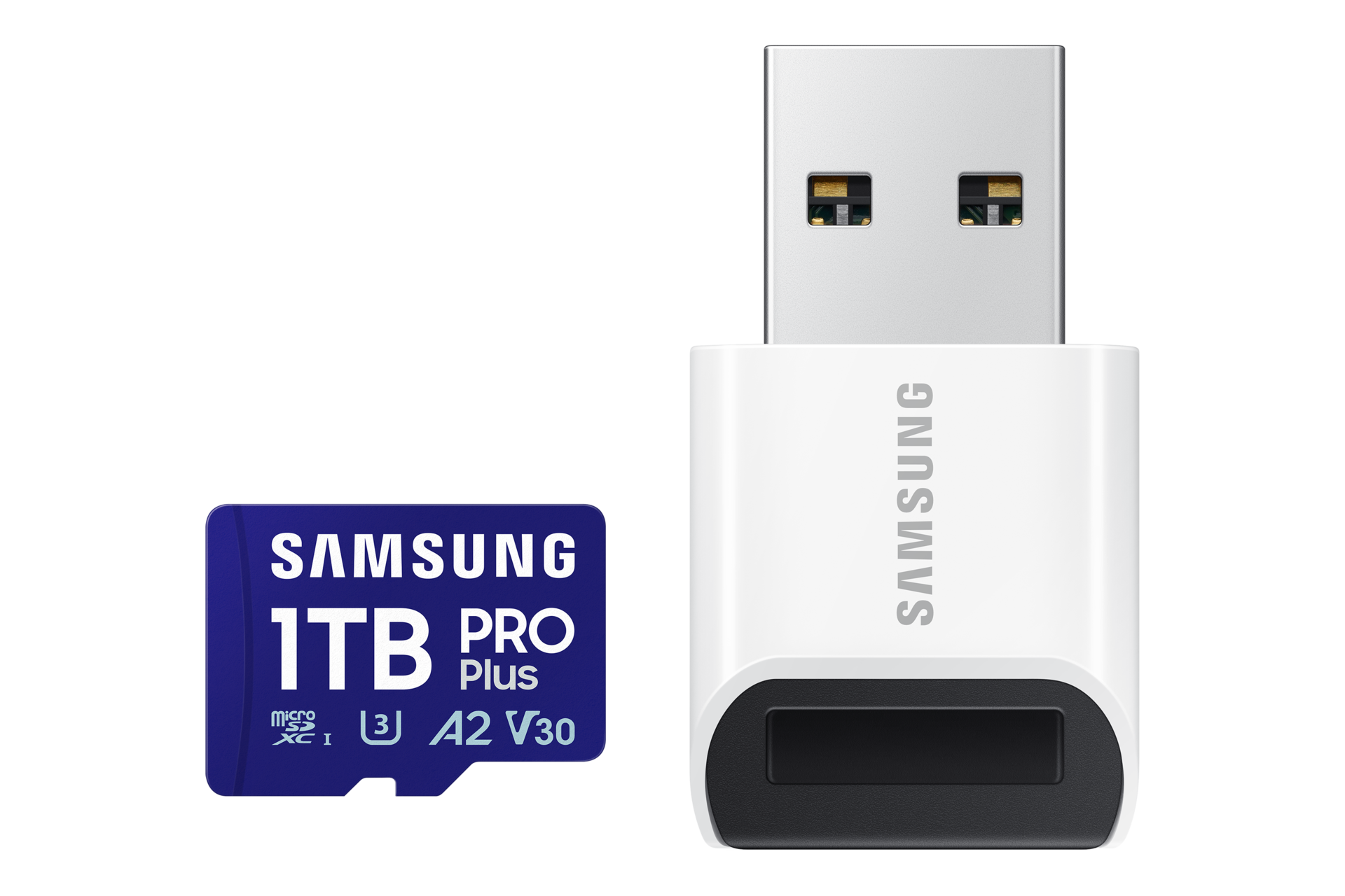 Una scheda microSD blu Samsung 1TB Pro Plus e un lettore USB-A bianco su sfondo nero.