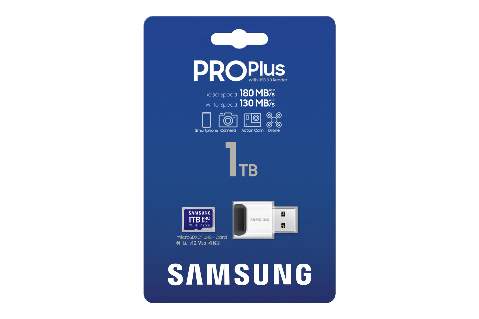 Scheda microSD Samsung Pro Plus da 1TB con lettore USB su confezione blu.