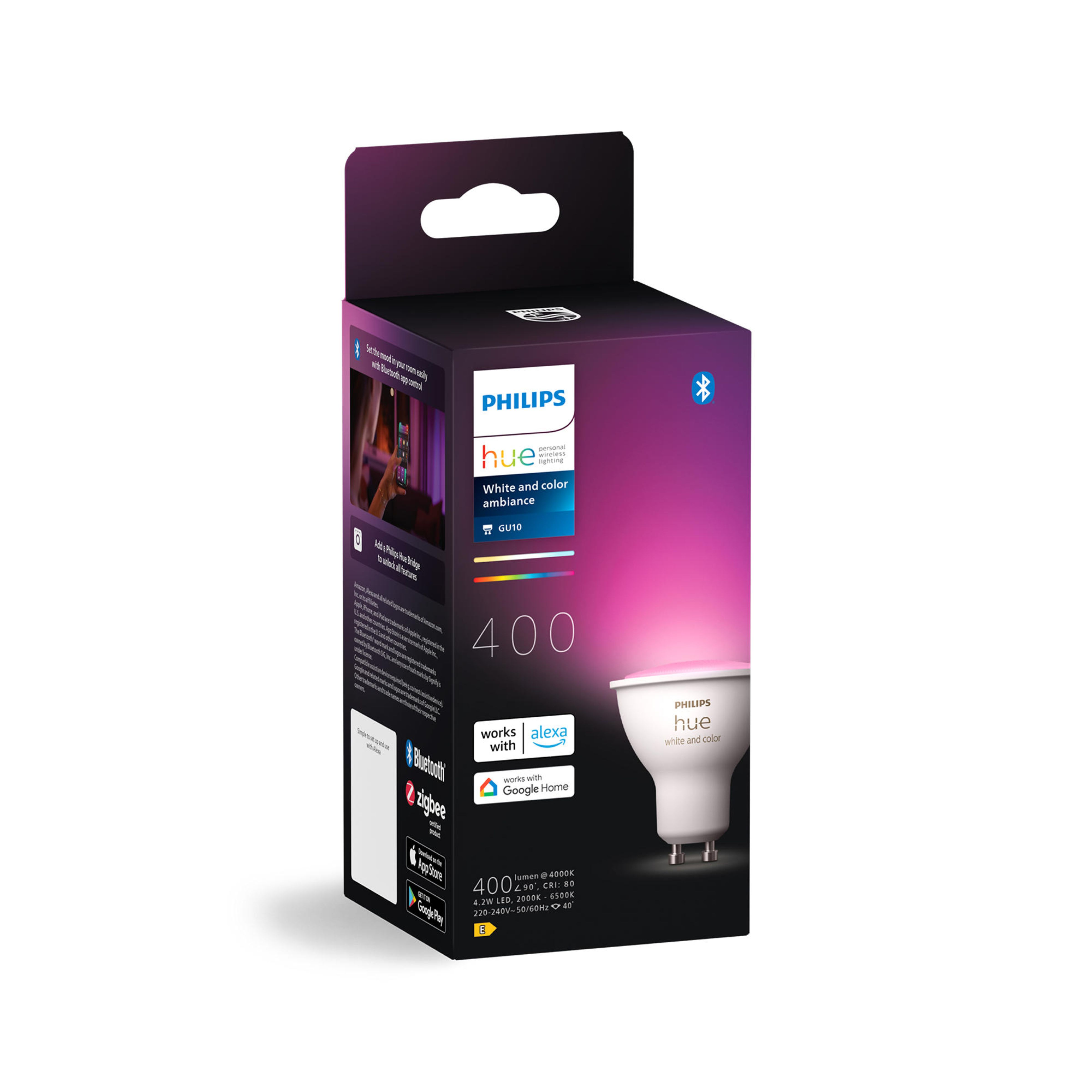 Packaging for a Philips Hue GU10 LED smart bulb with white and color light.