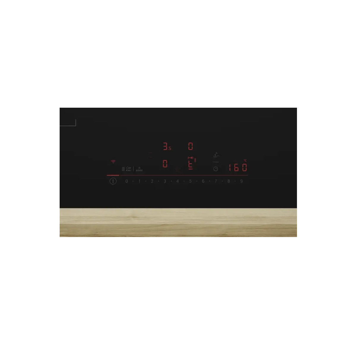 Una placa negra con pantalla LED roja y números del 0 al 9 sobre un borde de madera.