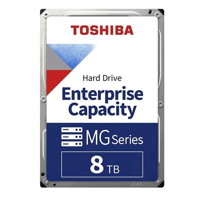 Toshiba Enterprise Capacity MG Series 8TB hard drive with a silver metal casing.