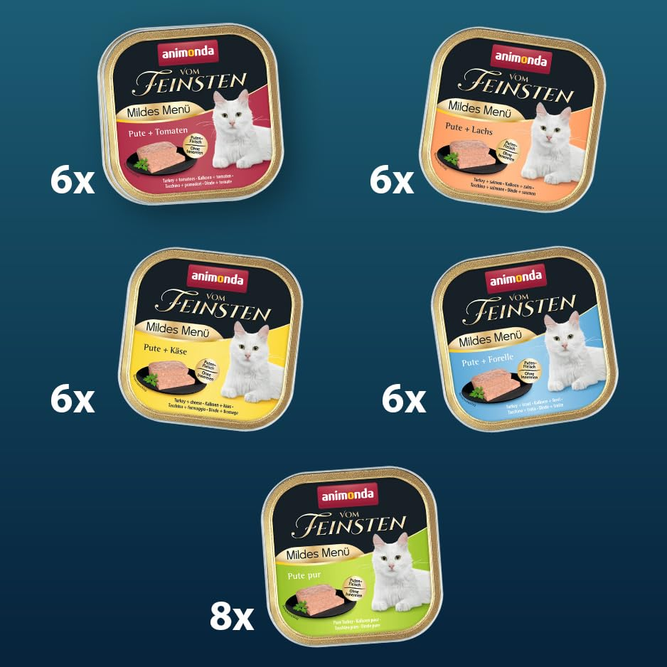 Fünf Animonda Vom Feinsten Katzendosen-Multipacks in verschiedenen Sorten auf blauem Hintergrund.