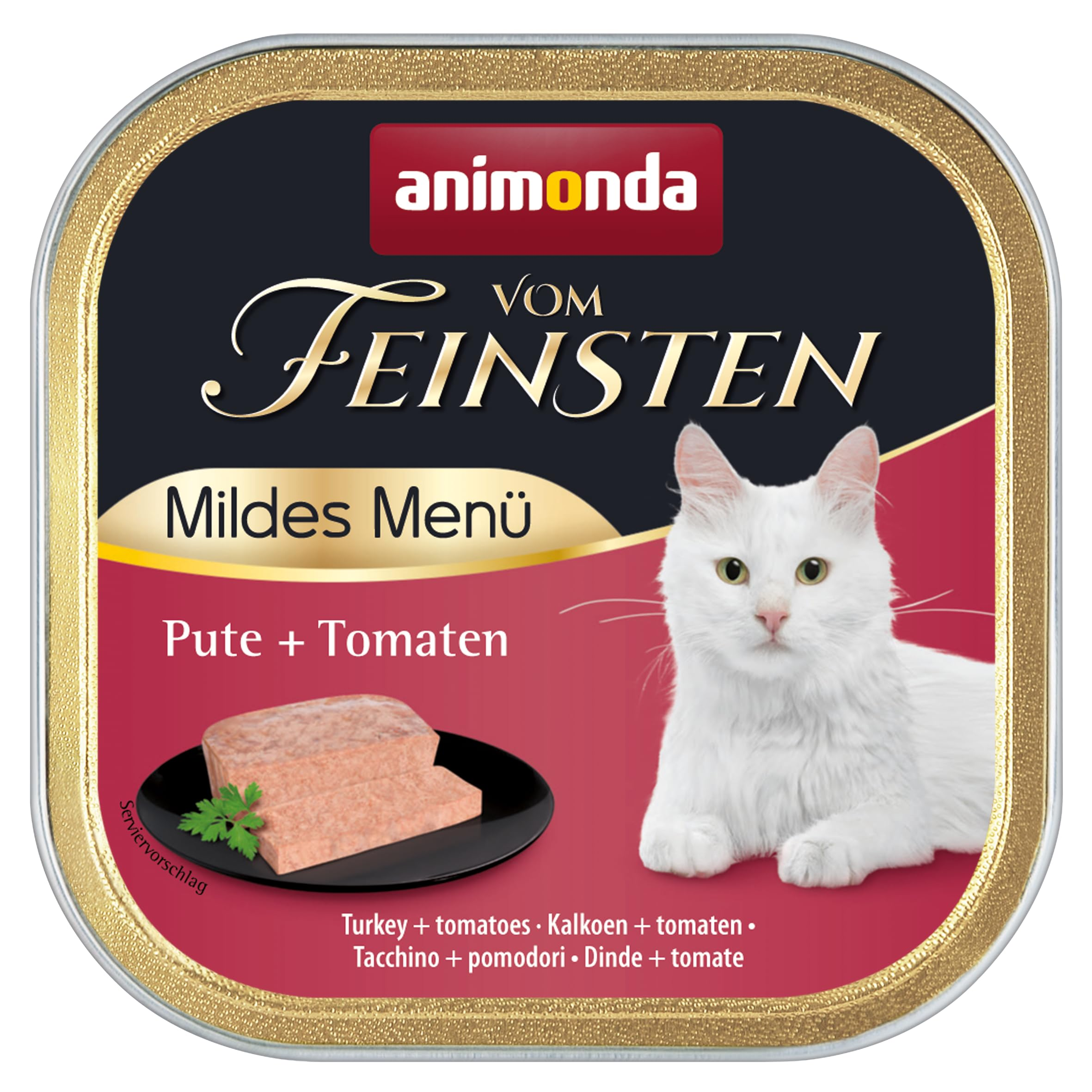 Animonda Vom Feinsten Katzenfutter-Dose mit Pute und Tomaten und weißer Katze.