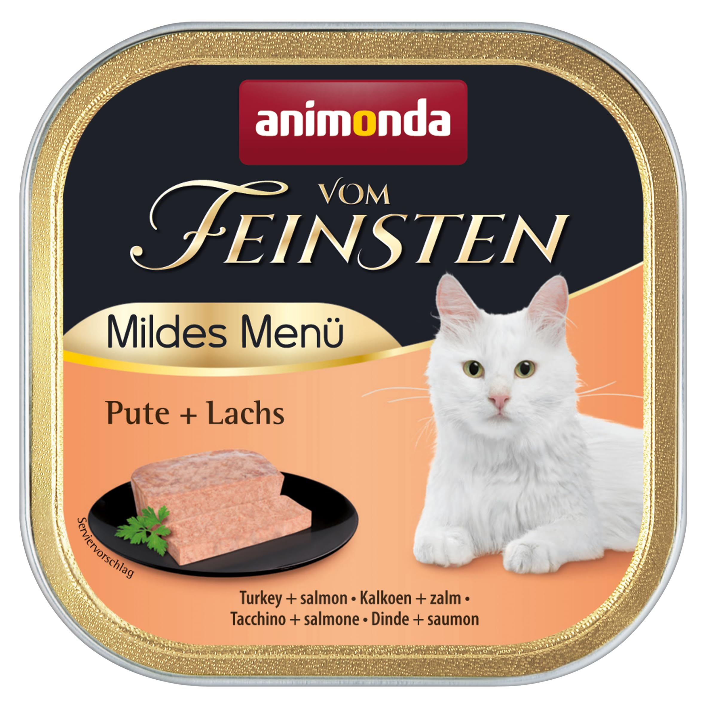 Animonda Vom Feinsten Katzenfutter-Dose mit Pute und Lachs, weißer Katze und Fleischpastete.