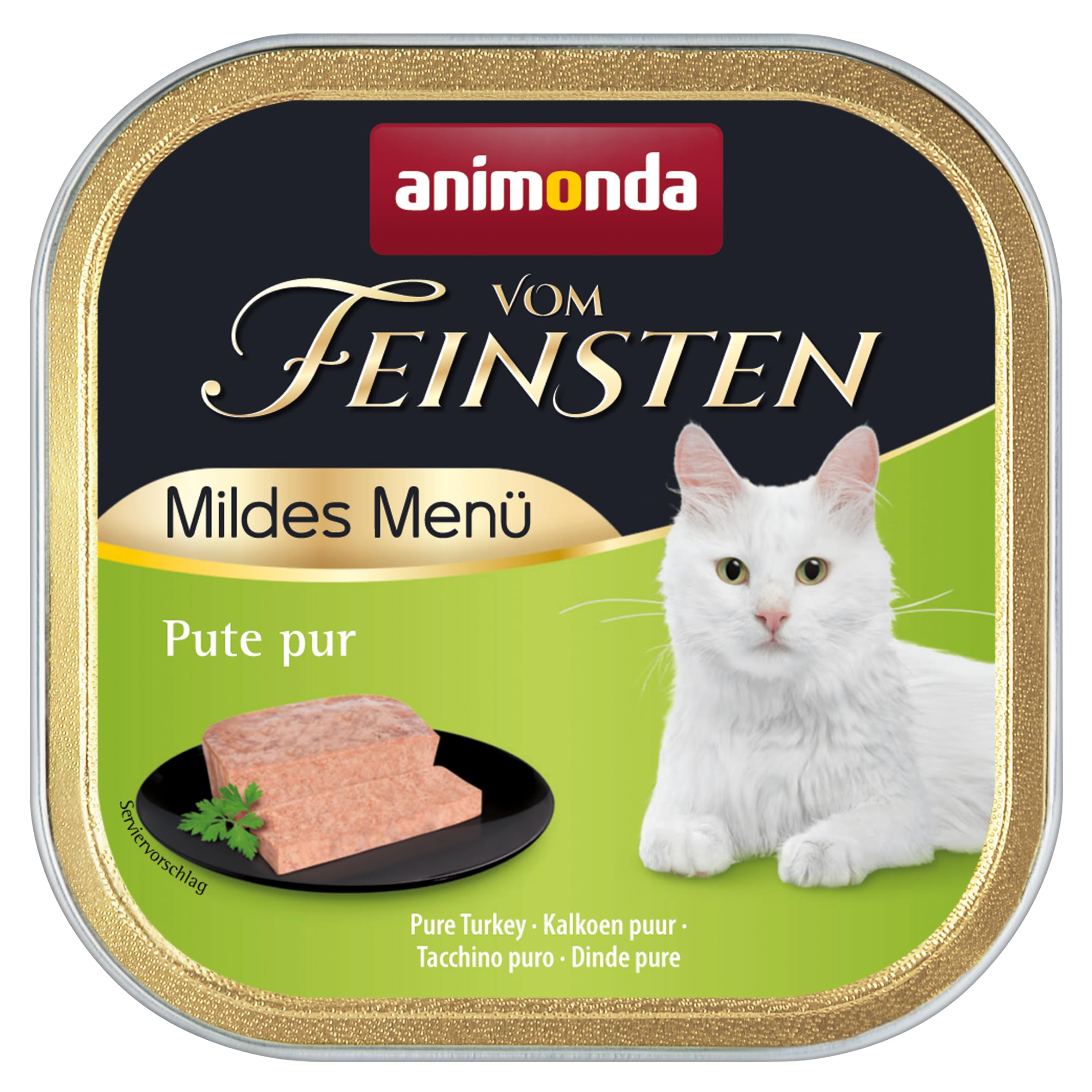 Animonda Vom Feinsten Katzenfutter-Dose mit weißer Katze und Putenfleisch auf schwarzem Teller vor grünem Hintergrund.