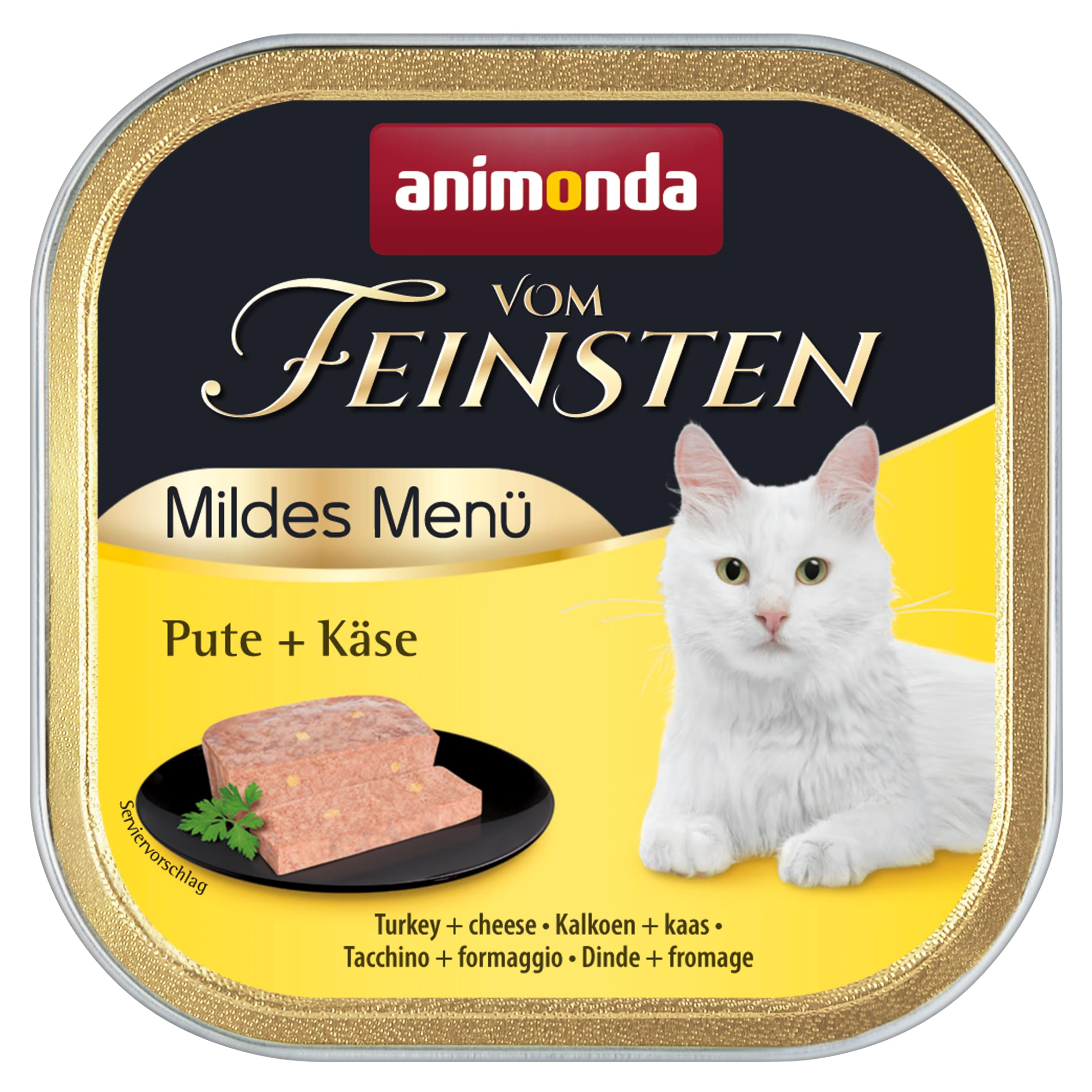 Animonda Vom Feinsten Katzenfutter-Dose mit weißer Katze und Pute-Käse-Paten.