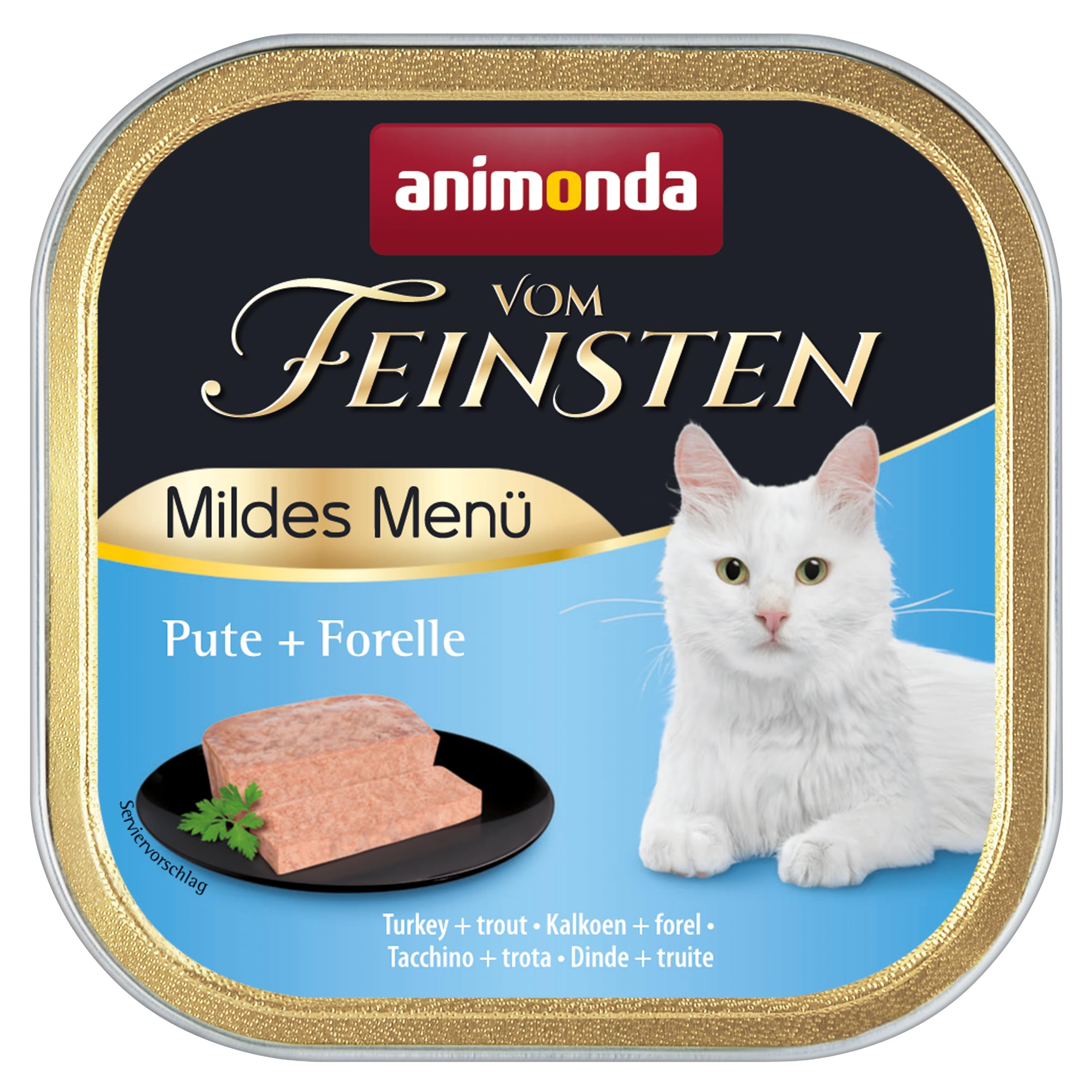Animonda Katzenfutterdose mit weißer Katze, Fleischpastete auf Teller und blauem Hintergrund.