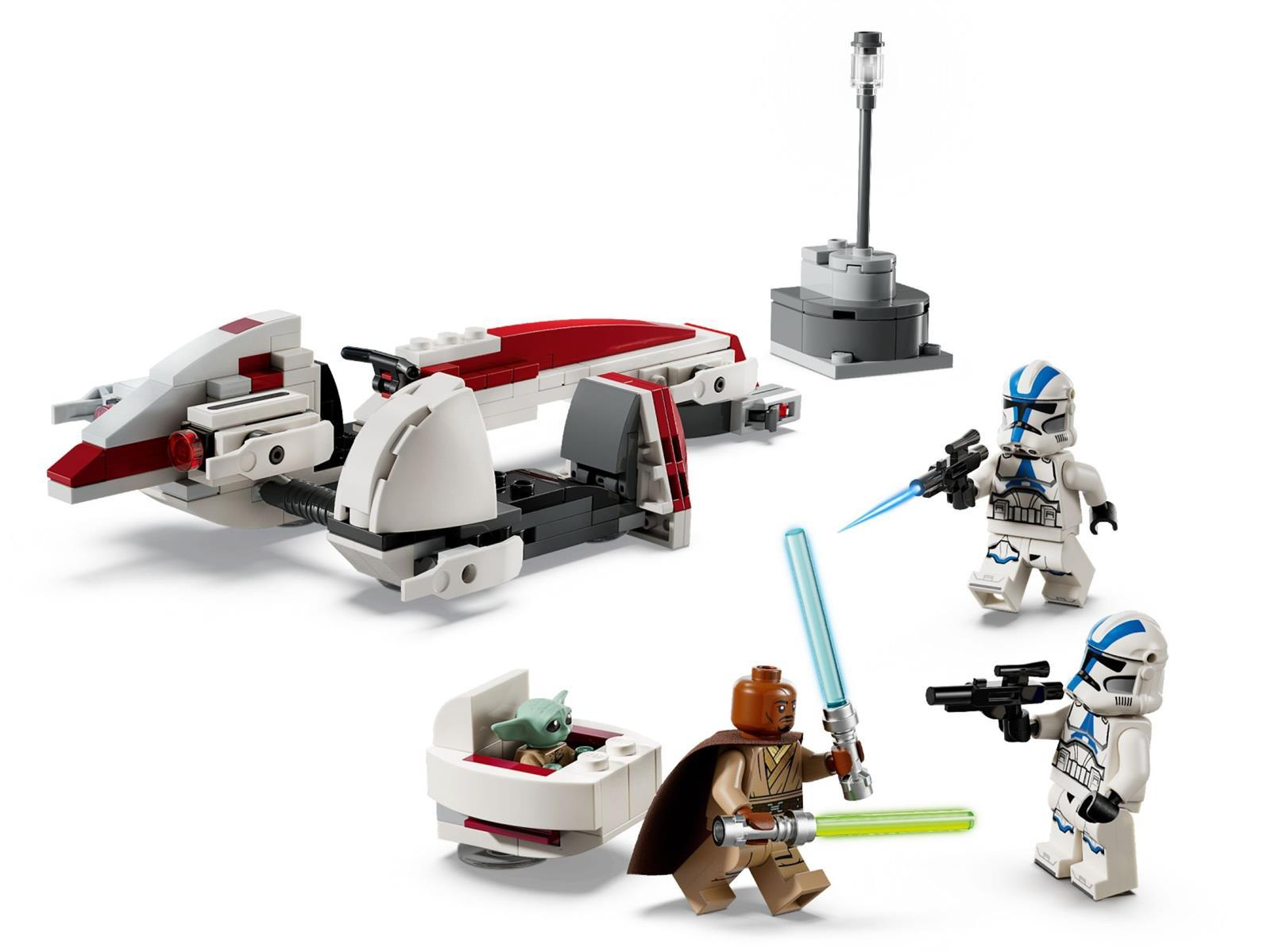 Lego Star Wars Set mit einem Speeder, Jedi-Minifigur, Grogu, zwei Klonkriegern und einer Laterne.