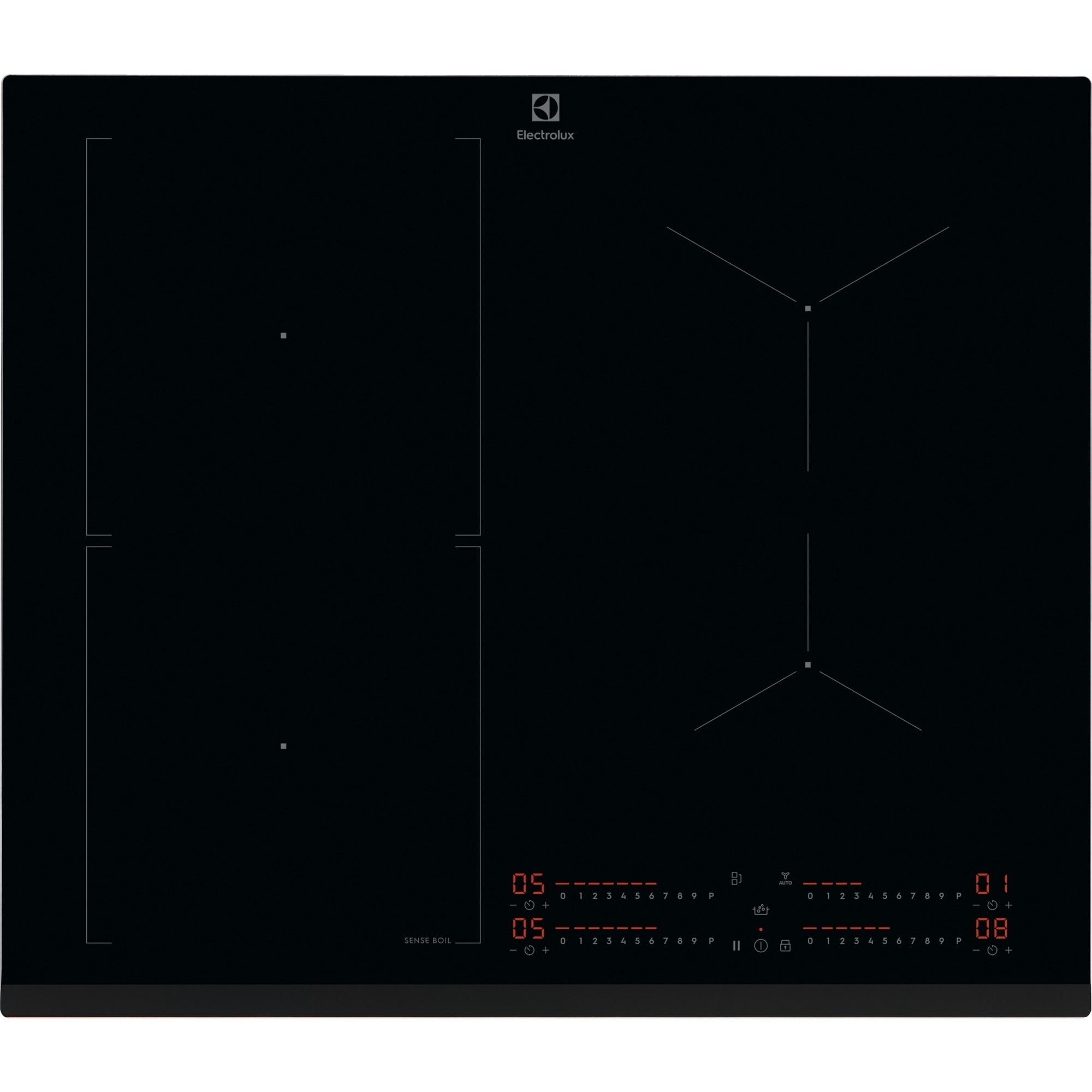 Piano cottura a induzione Electrolux nero con quattro zone di cottura e display digitali LED rossi.