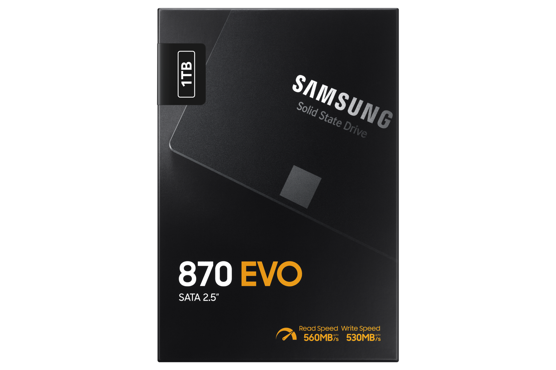 Una scatola di prodotto SSD Samsung 870 EVO SATA 2.5" 1TB nera.