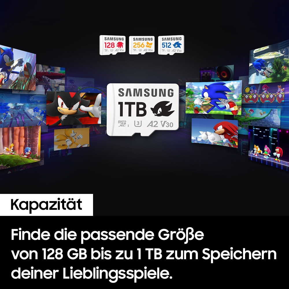 Tarjetas microSD Samsung con temas de Sonic y varias capacidades de almacenamiento hasta 1 TB.