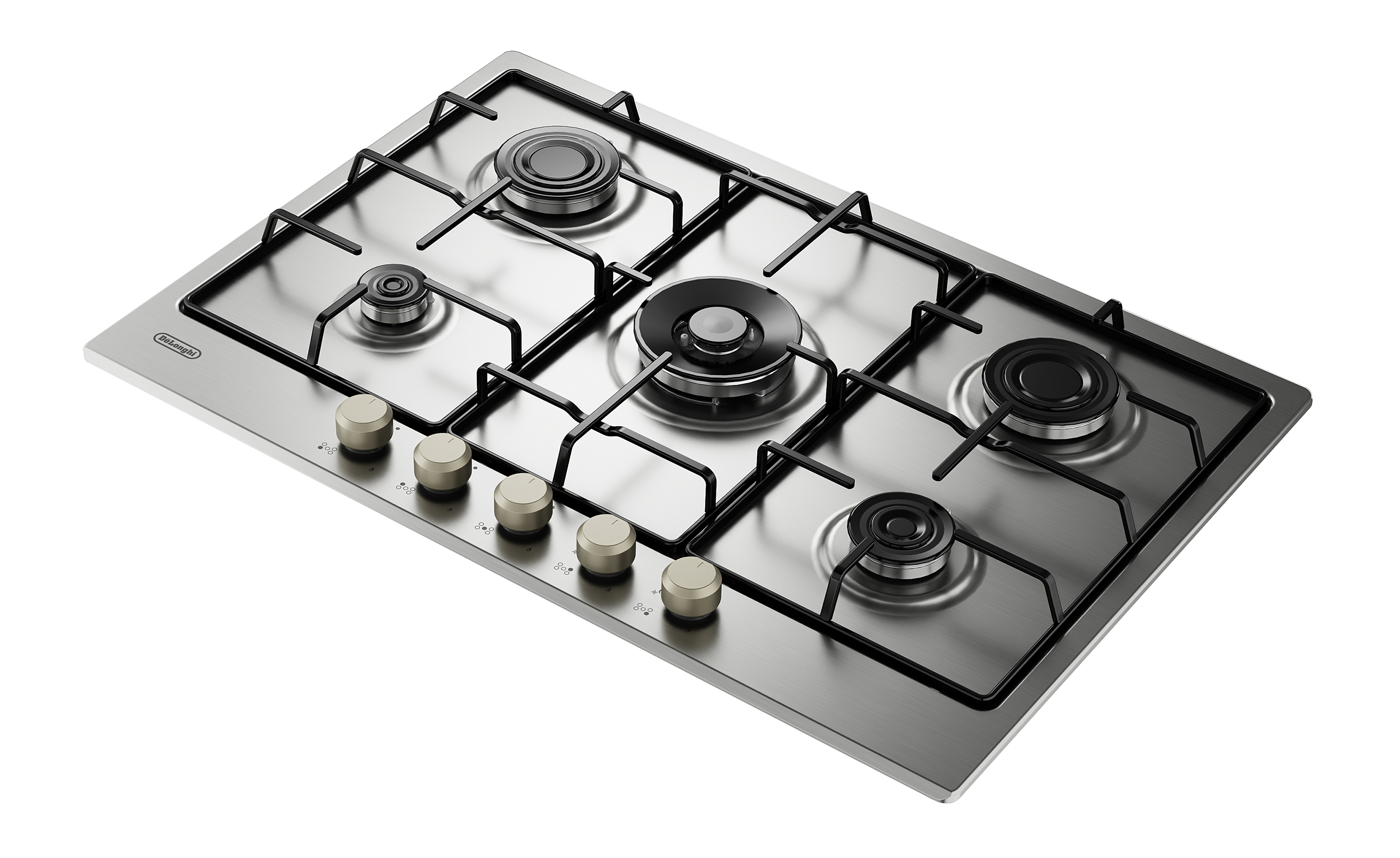 Una placa de gas DeLonghi plateada con cinco quemadores y mandos negros.