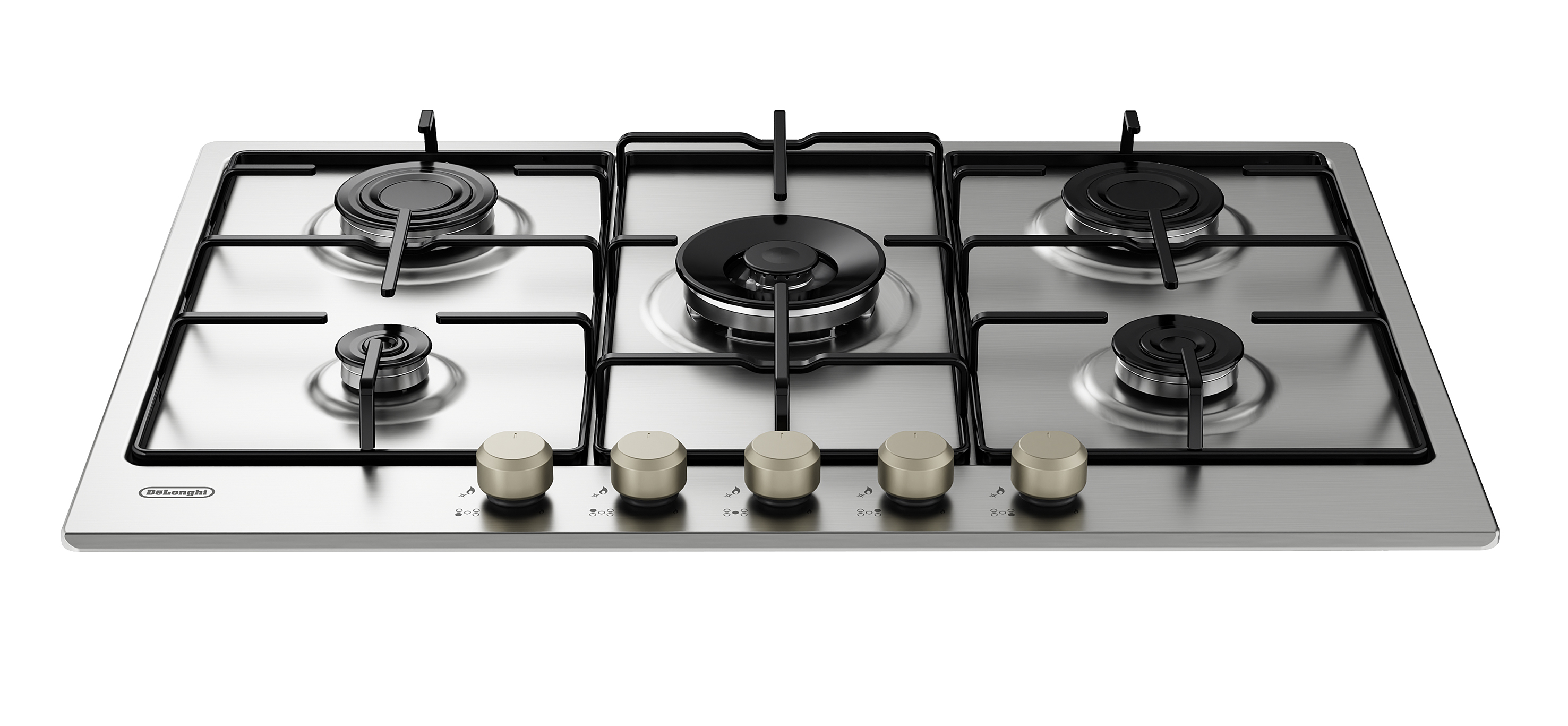 Encimera de gas DeLonghi de acero inoxidable con cinco quemadores y cinco mandos dorados sobre fondo blanco.