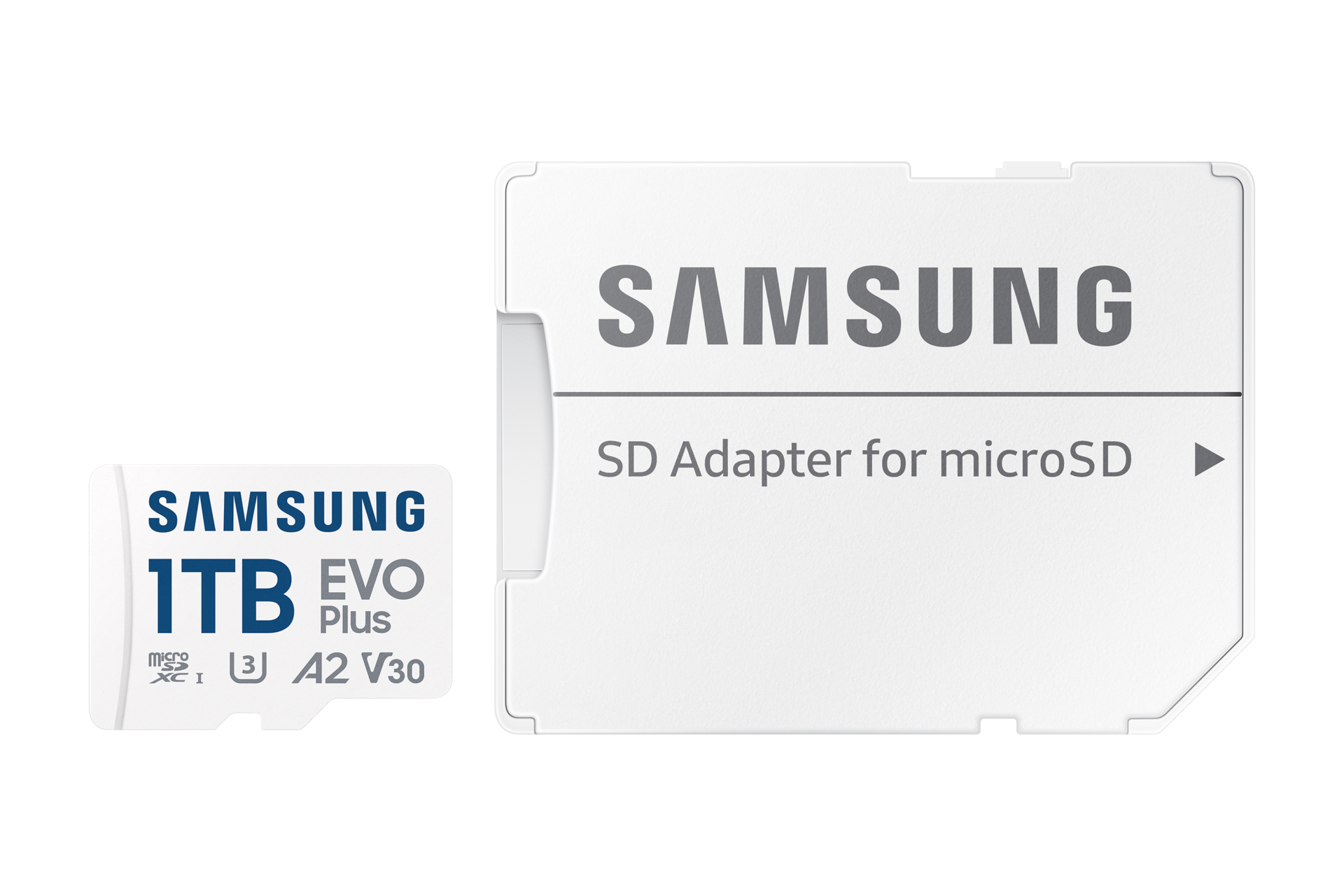 Una tarjeta microSD Samsung 1TB EVO Plus junto a su adaptador de tarjeta SD blanco sobre fondo negro.