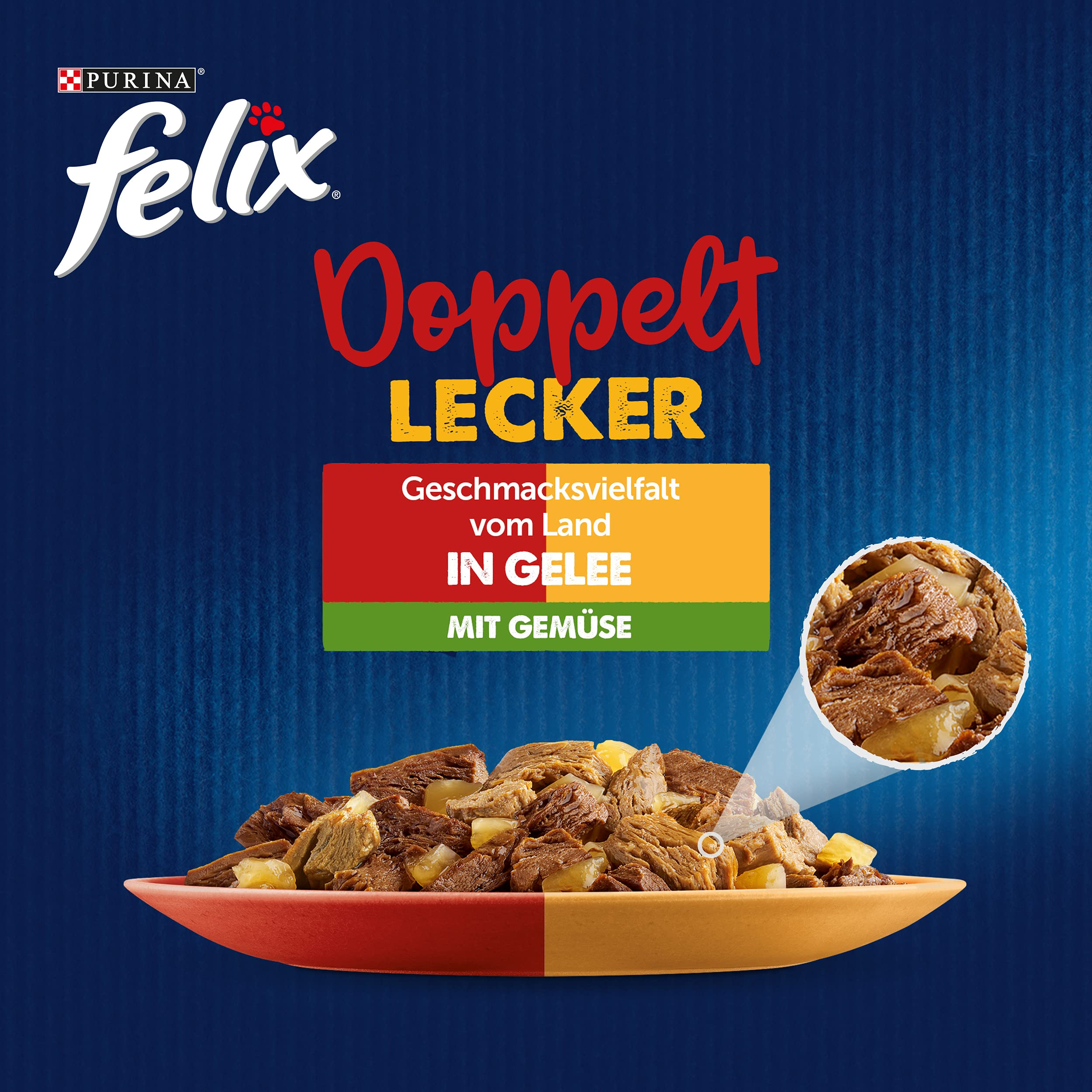Felix Doppelt Lecker Tierfutter in Gelee auf einem Teller mit Text und Logo vor blauem Hintergrund.
