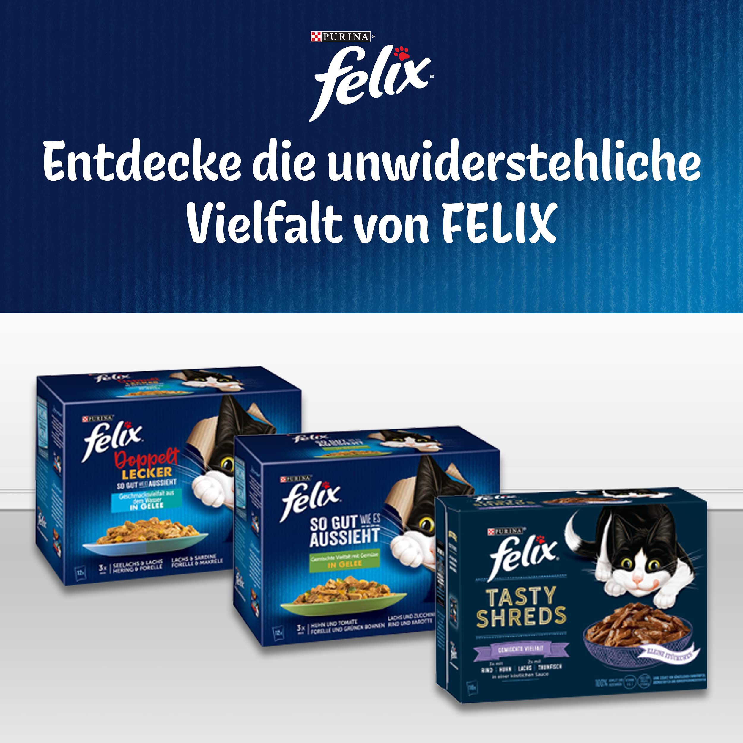 Drei Felix Katzenfutterboxen auf einer weißen Oberfläche vor blauem Hintergrund mit deutschem Text.
