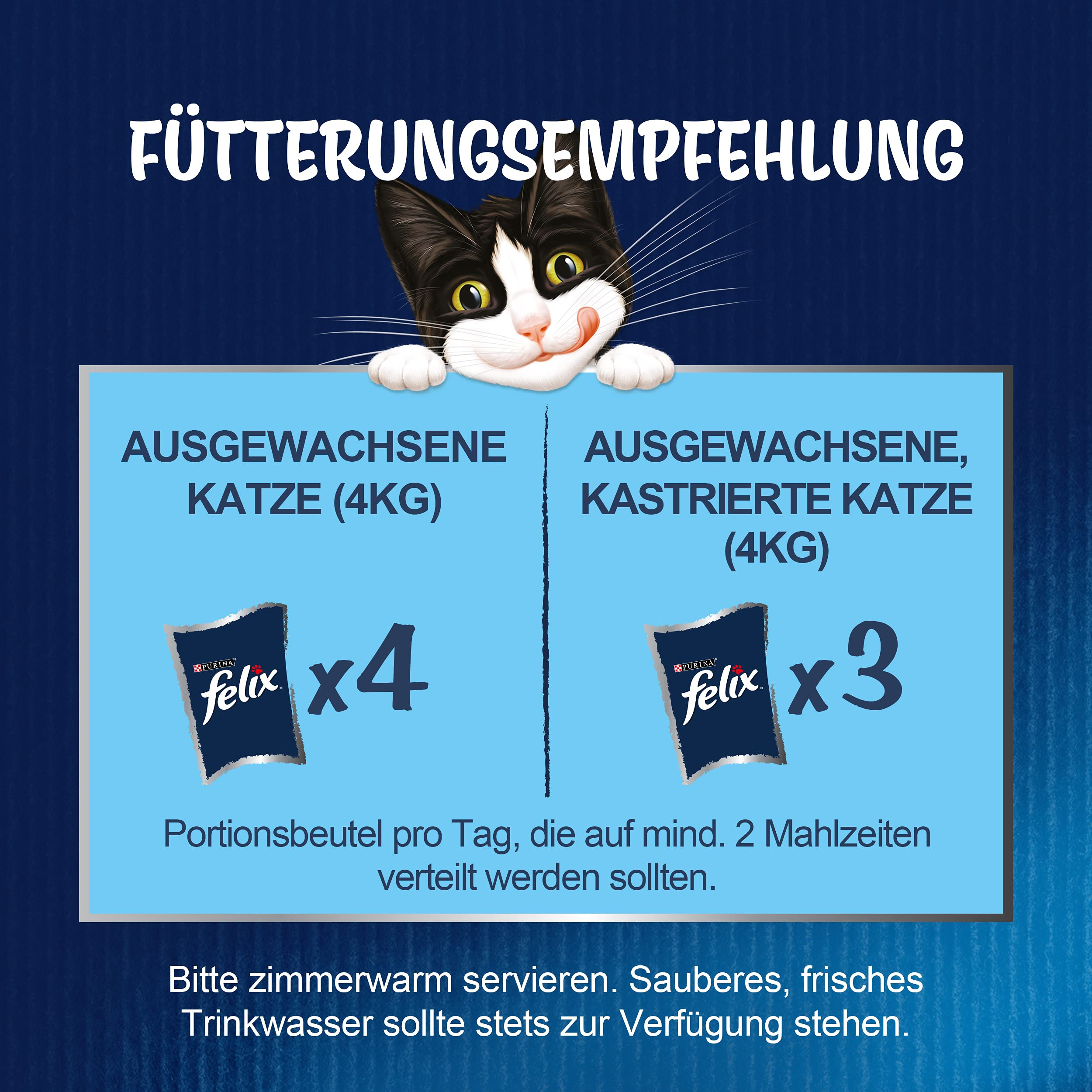 Eine Katze schaut über ein blaues Schild mit deutscher Fütterungsempfehlung für Katzenfutter.