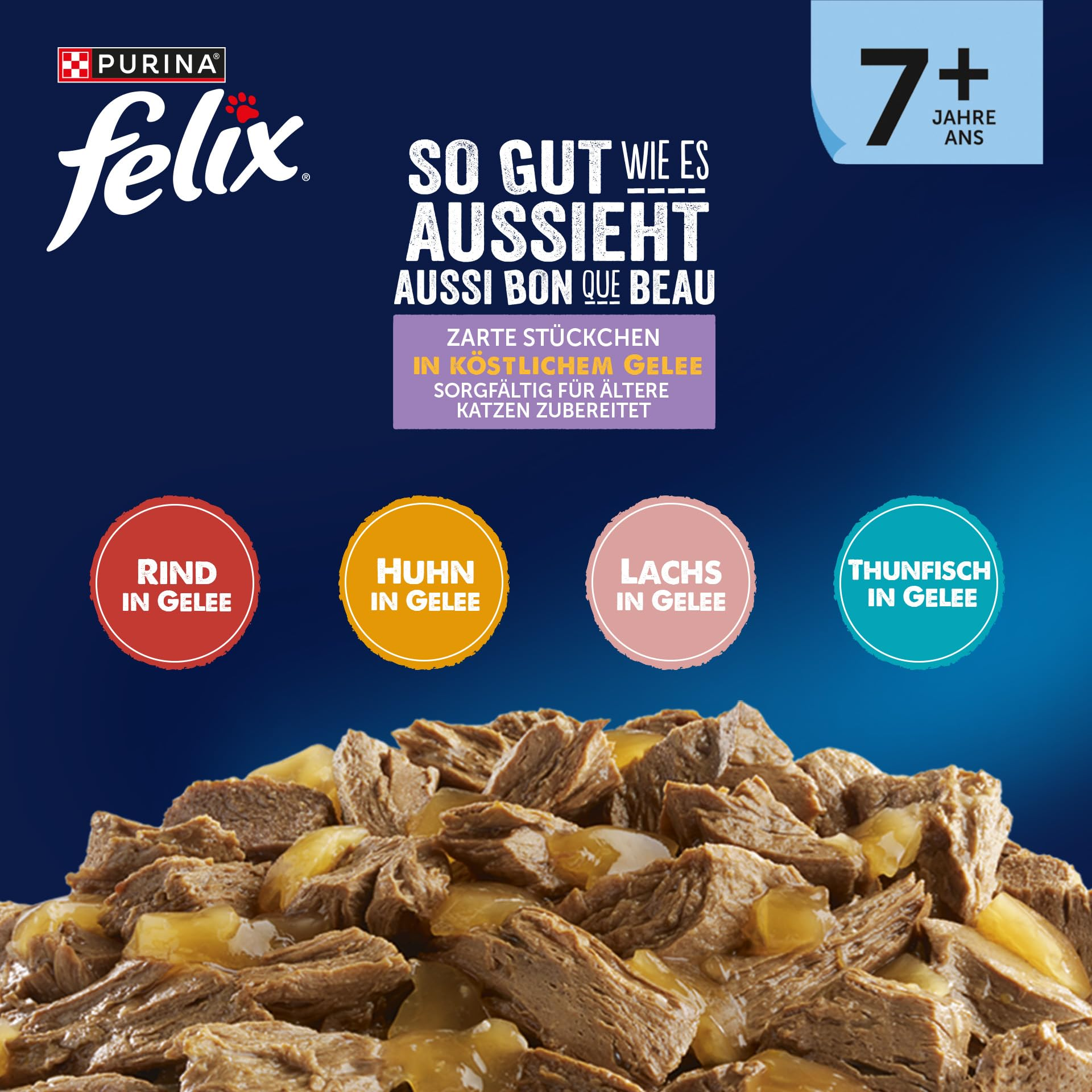 Purina Felix Katzenfutter für ältere Katzen, Chunks in Gelee mit verschiedenen Fleischsorten.