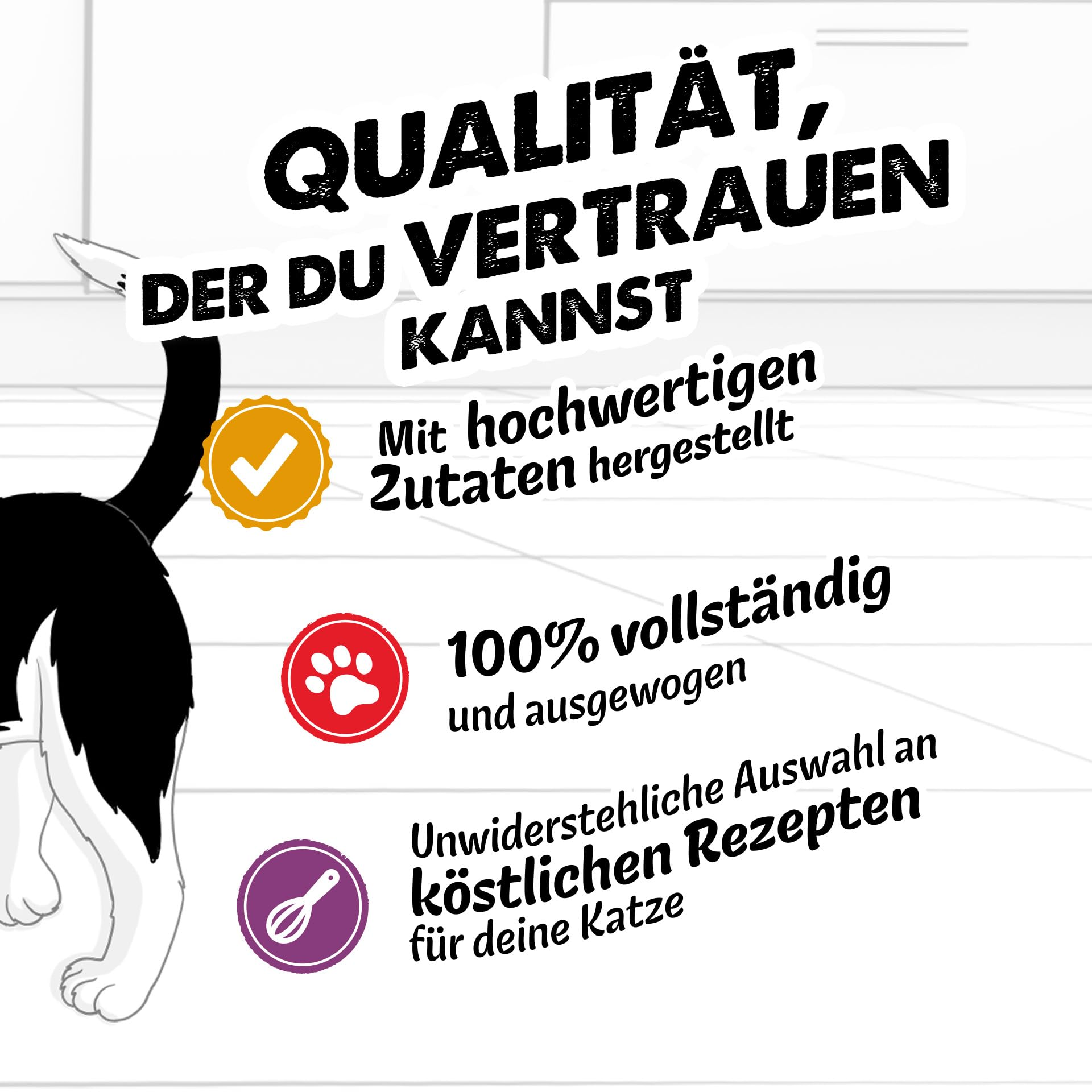 Werbebild mit Katze und deutschem Text über Qualitätsfutter mit Symbolen für Inhaltsstoffe und Rezepte.