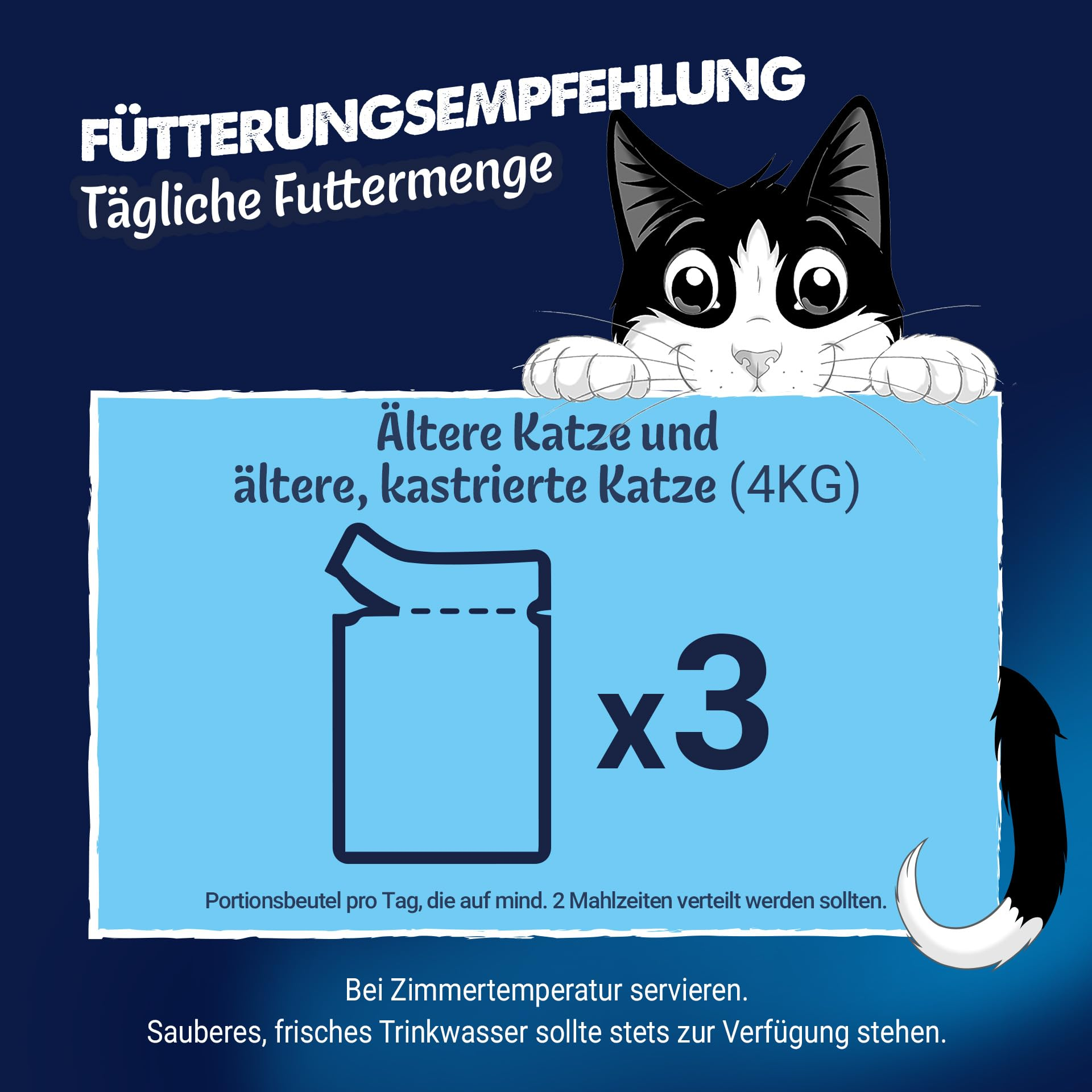 Katze zeigt Fütterungsempfehlung mit 3 Portionsbeuteln pro Tag für ältere Katzen.