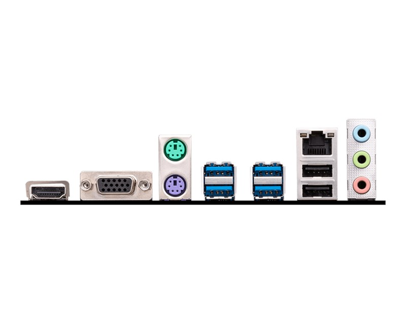 Siyah arka planda HDMI, VGA, PS/2 bağlantı noktaları, USB 3.0, Ethernet ve ses jakları içeren anakart I/O paneli.
