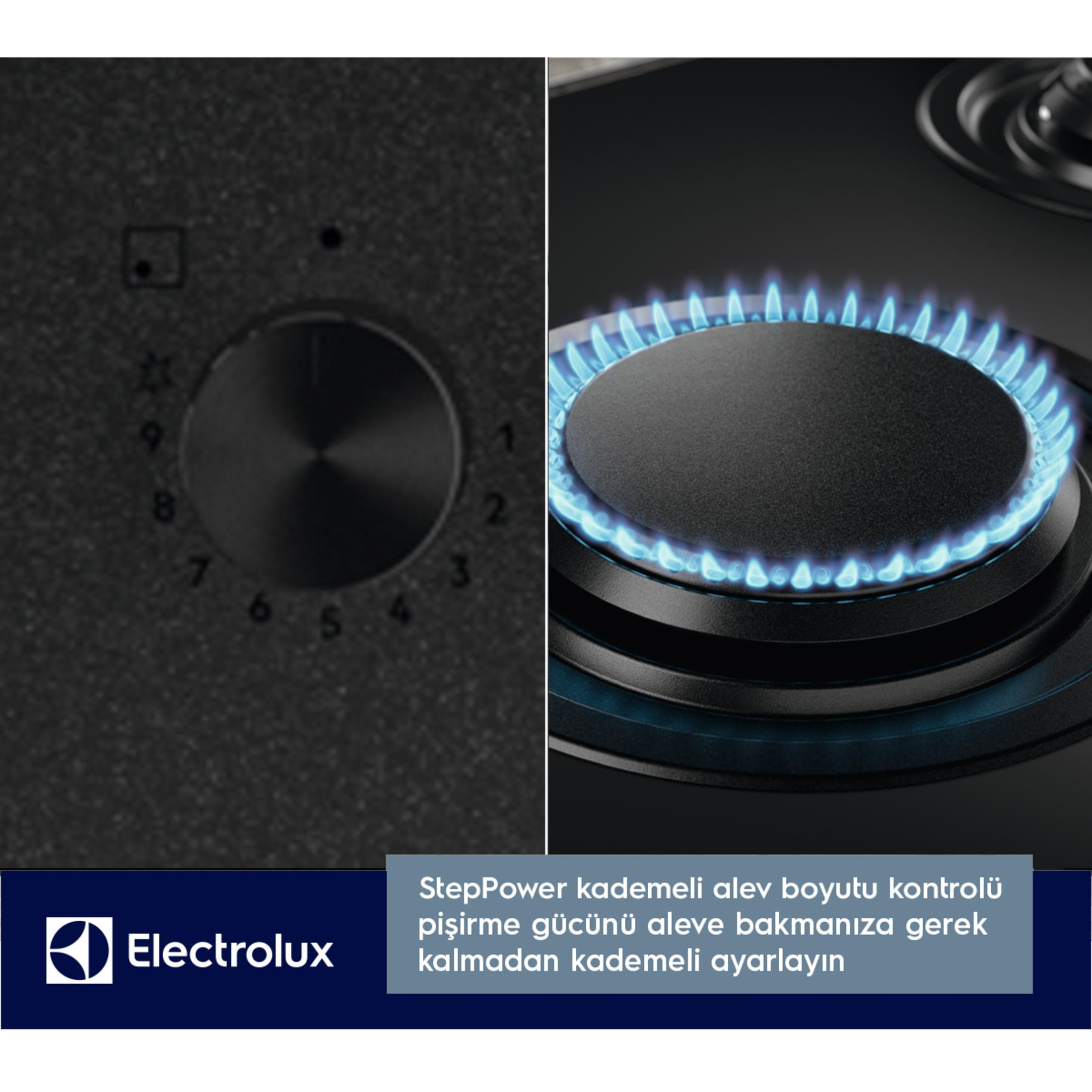 Un piano cottura Electrolux mostra una manopola di controllo a sinistra e un bruciatore a gas con fiamme blu a destra.