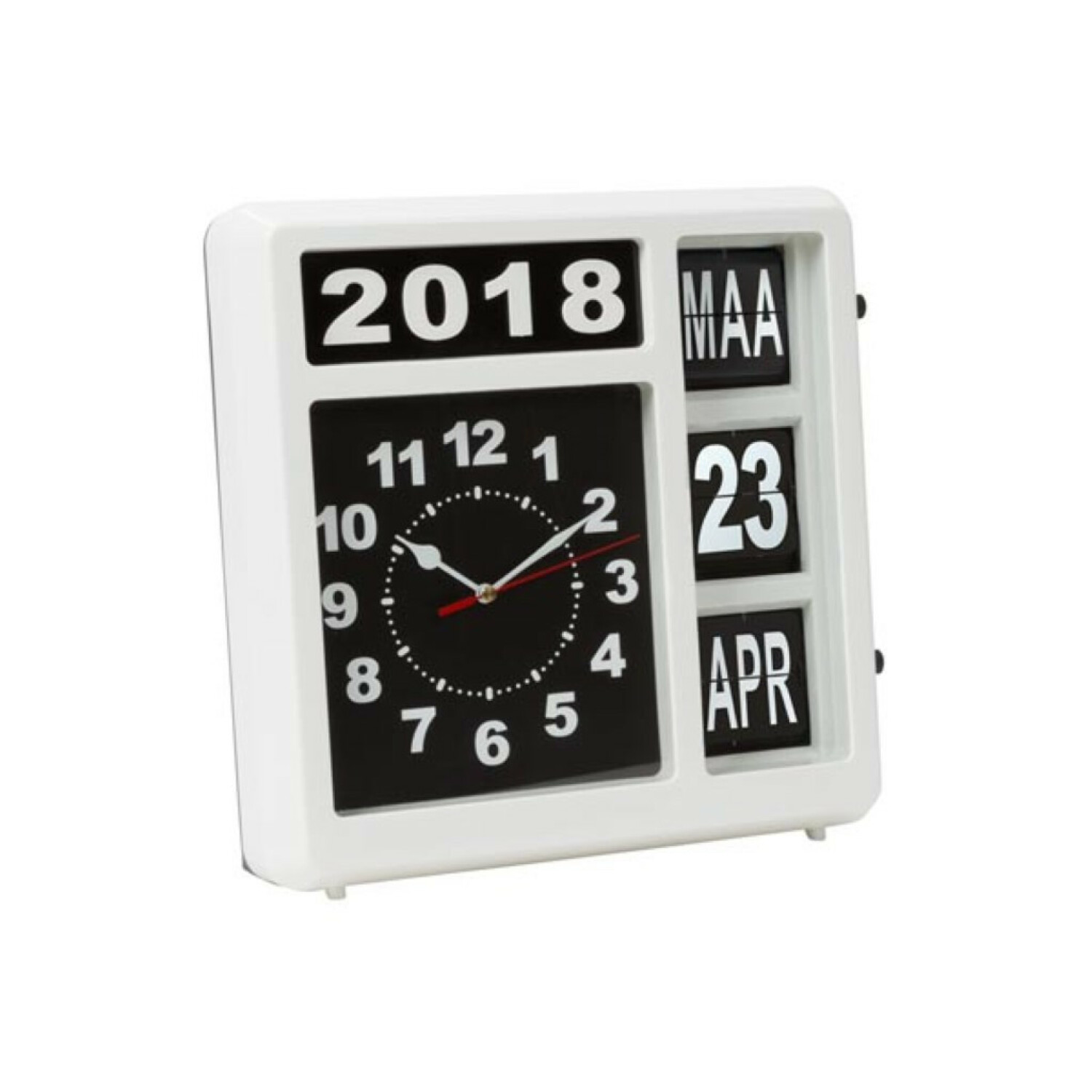 Un moderno orologio da tavolo bianco con quadrante nero, numeri bianchi e calendario a fogli che mostra 2018, Mag, 23, Apr.