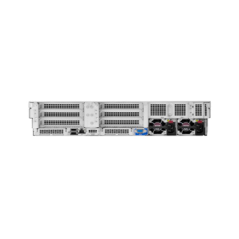 Vista posteriore di uno chassis di server con alimentatori, prese d'aria e porte su sfondo bianco.