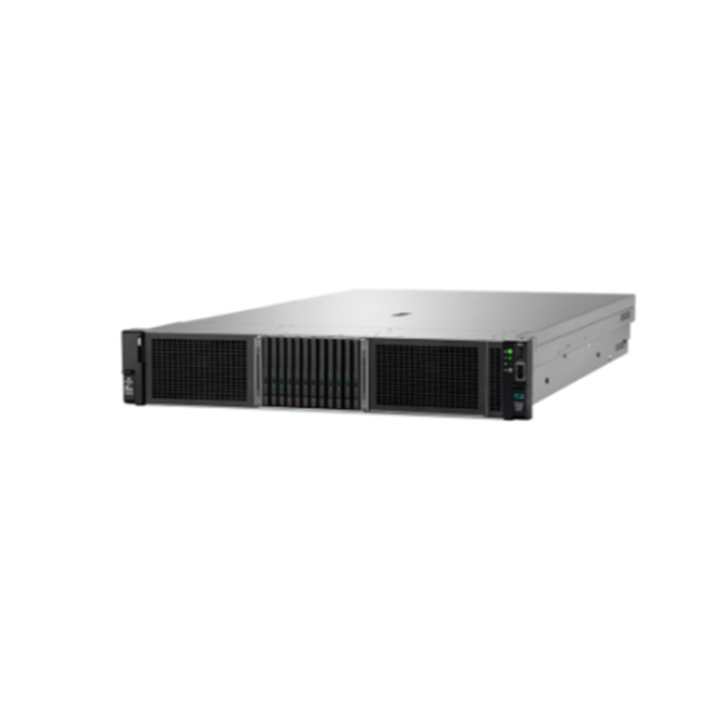 Un server rack argento con pannello frontale nero e griglie di ventilazione, isolato su sfondo bianco.