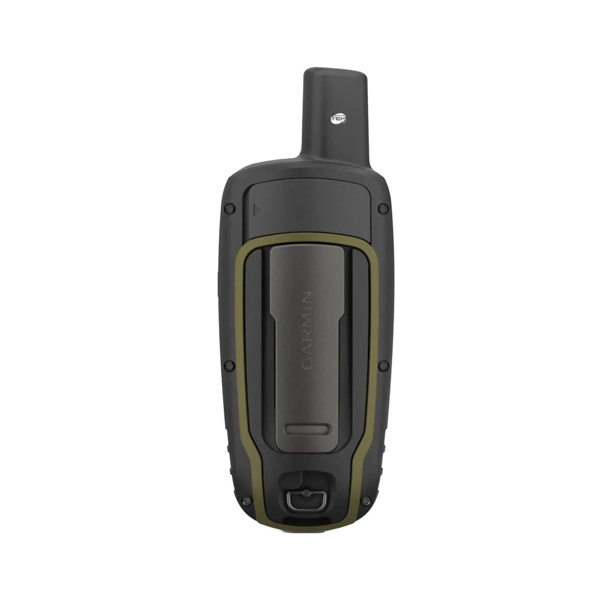 Rückseite eines schwarzen und olivgrünen Garmin-GPS-Geräts mit Gürtelclip und oberer Antenne.