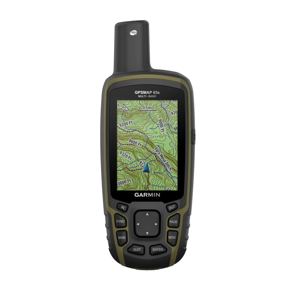 Garmin GPSMAP 65s Handheld-GPS-Gerät mit topografischer Kartenanzeige und physischen Steuertasten.