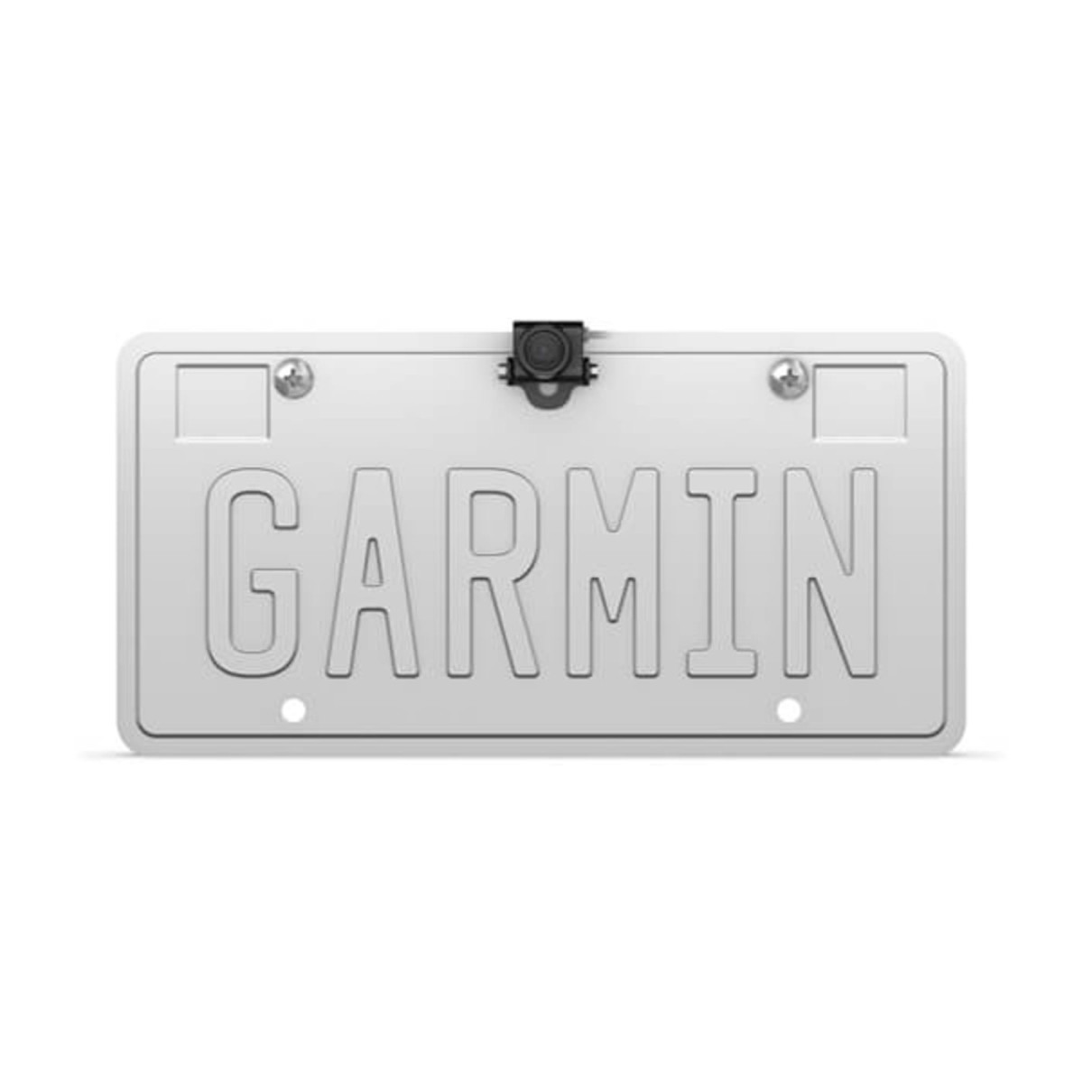 Ein silbernes KFZ-Kennzeichen mit der Aufschrift GARMIN und einer kleinen Kamera oben in der Mitte vor weißem Hintergrund.