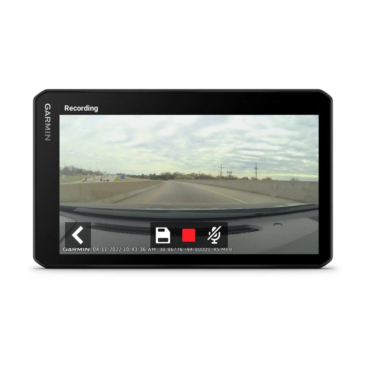 Garmin Dashcam zeigt Autobahnaufnahme mit Symbolen, Datum, Uhrzeit und GPS-Koordinaten.