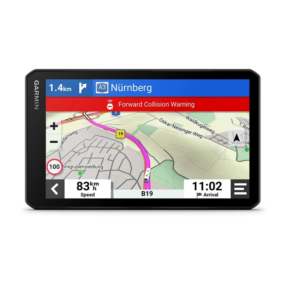 Garmin-Navigationsgerät zeigt eine Karte mit Navigation nach Nürnberg und einer Kollisionswarnung.