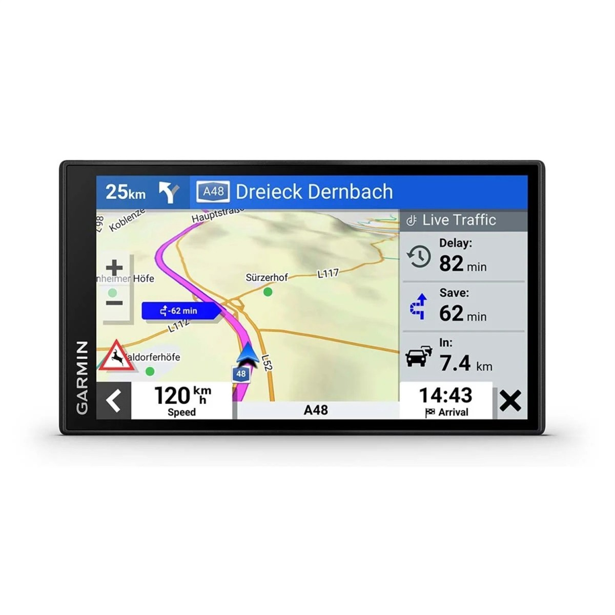 Dispositivo GPS Garmin muestra un mapa de navegación con tráfico en vivo, detalles de ruta y una velocidad de 120 km/h.