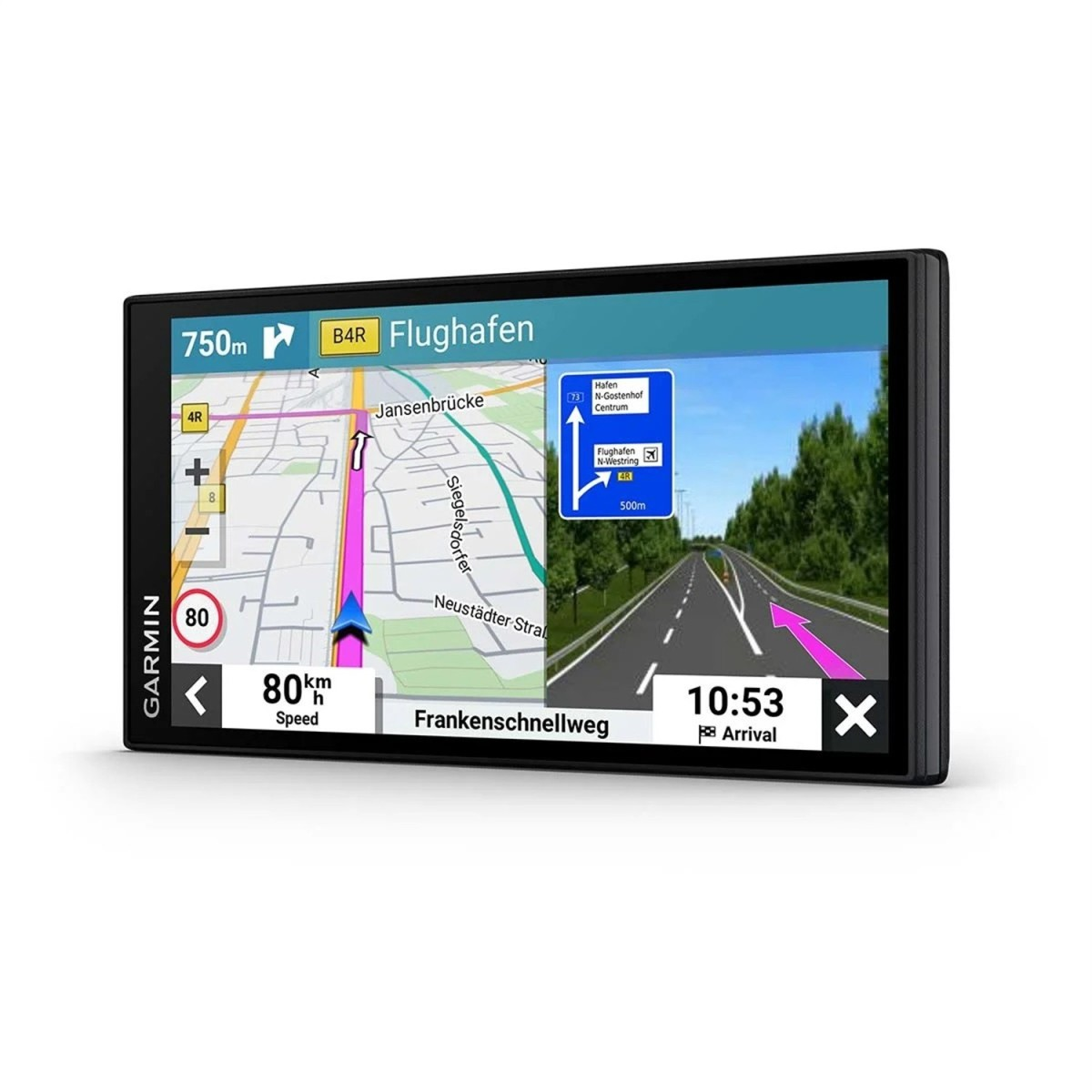 Un navegador GPS Garmin muestra un mapa y una vista dividida en 3D de una salida de autopista a las 10:53.