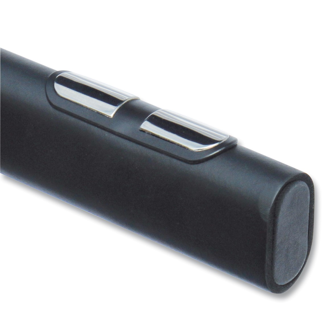 Un dispositivo cilindrico nero con due pulsanti metallici rettangolari e un fondello ovale piatto.