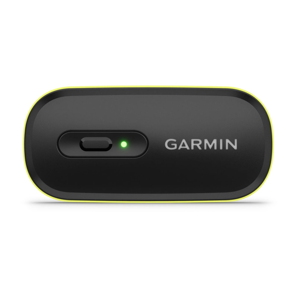 Schwarzes Garmin-Gerät mit gelbem Rand, ovaler Form, Einschalttaste und leuchtend grüner LED-Anzeige.