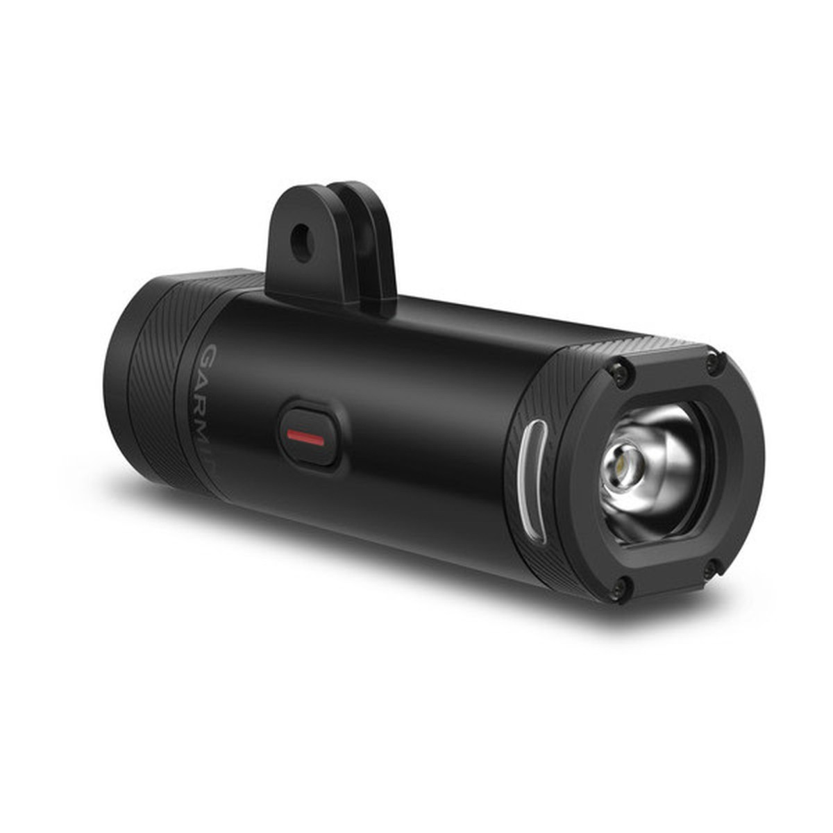 Schwarze Garmin-Fahrradlampe mit Halterung, runder LED und rotem Power-Knopf vor weißem Hintergrund.
