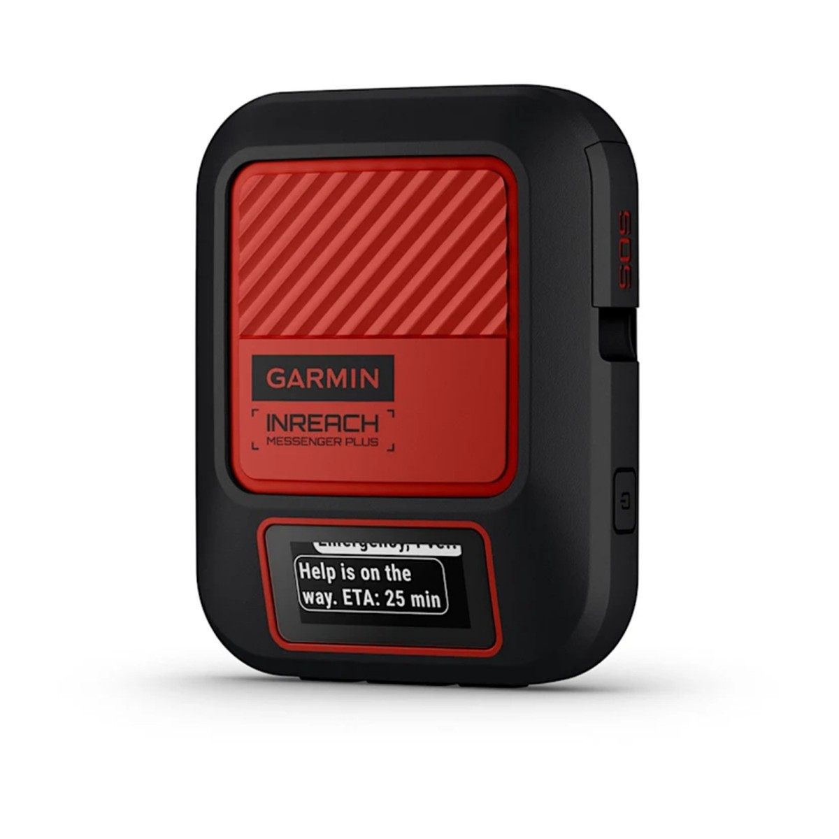 Ein schwarz-rotes Garmin InReach Messenger Plus Gerät mit einer Notfallnachricht auf dem kleinen Bildschirm.