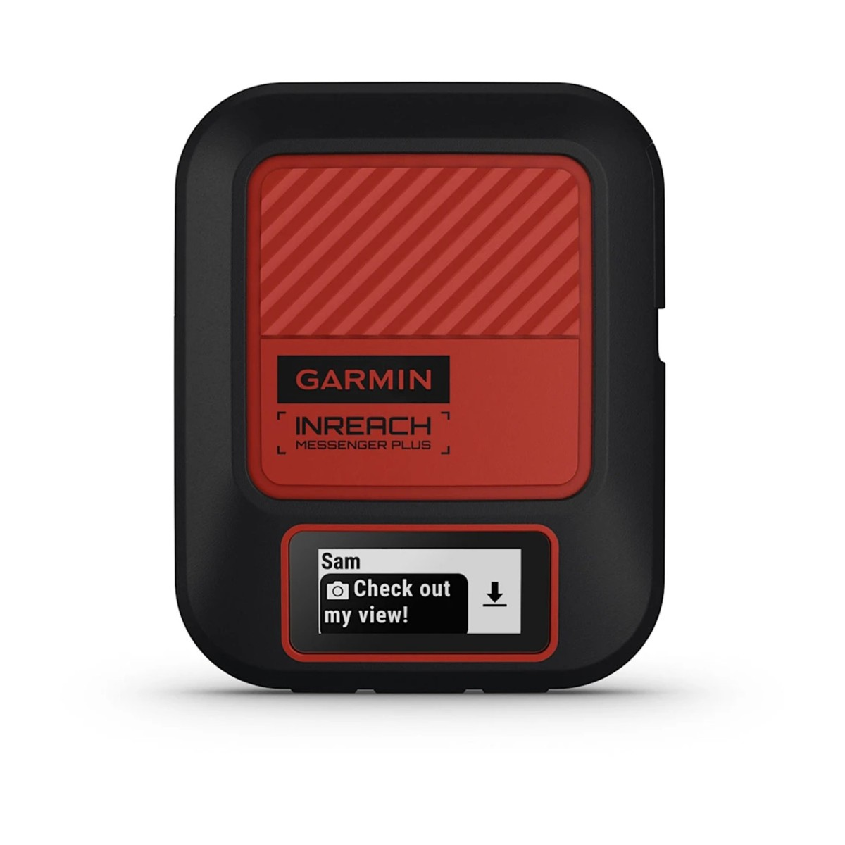 Ein schwarz-rotes Garmin InReach Messenger Plus Satellitenkommunikationsgerät zeigt eine Nachricht auf dem Bildschirm.