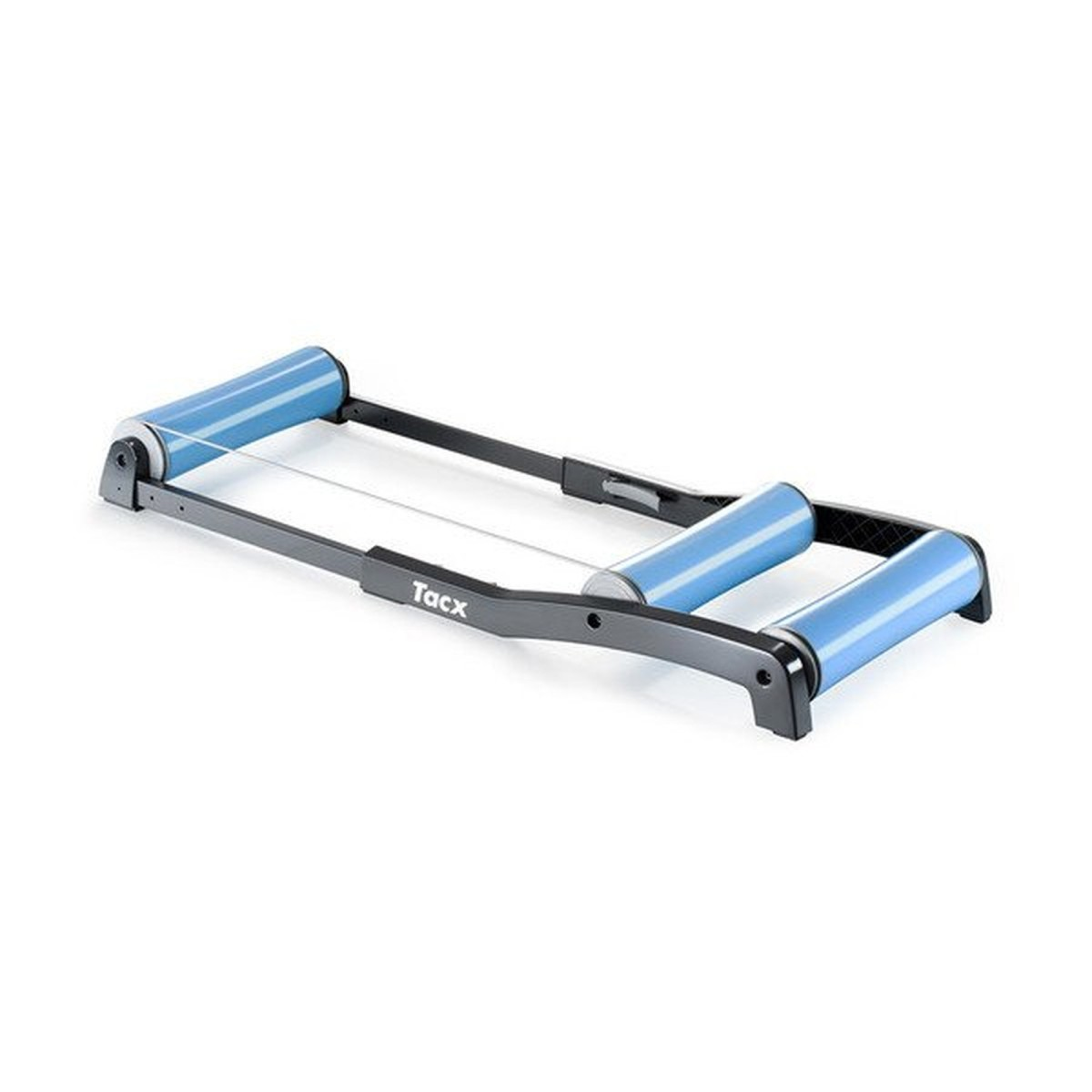 Tacx Fahrrad-Rollentrainer mit drei blauen Rollen und schwarzem Rahmen auf weißem Grund.