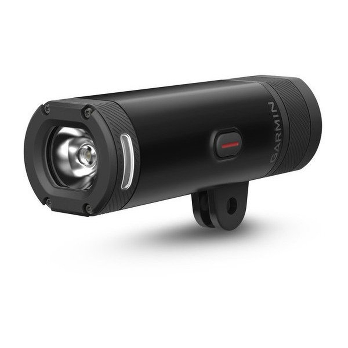 Eine schwarze Garmin Fahrradlampe mit rotem Ein-Knopf, Linsenfront und Halterung vor weißem Hintergrund.