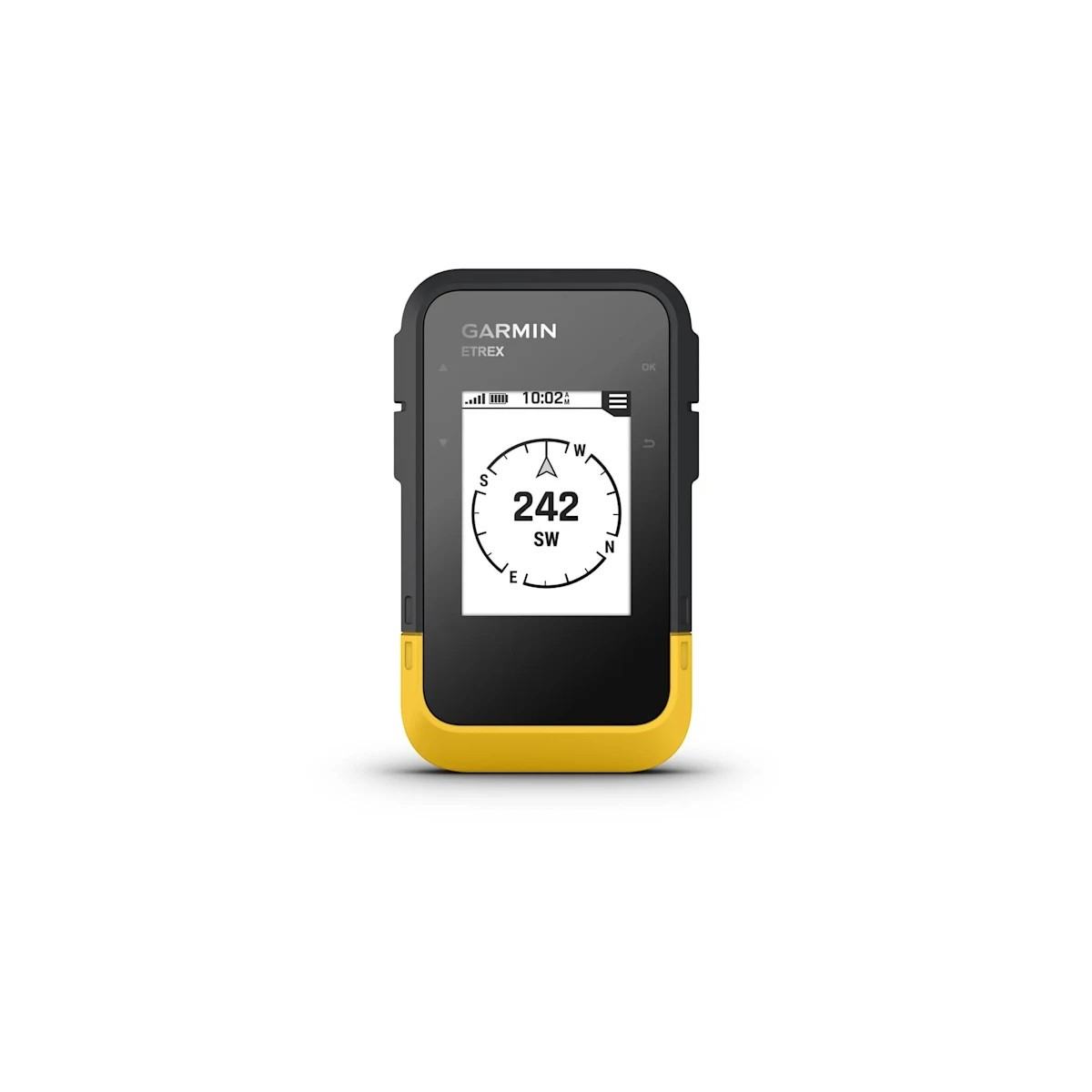 Garmin eTrex GPS-Gerät in Schwarz mit gelber Basis und Display, das einen Kompass anzeigt.