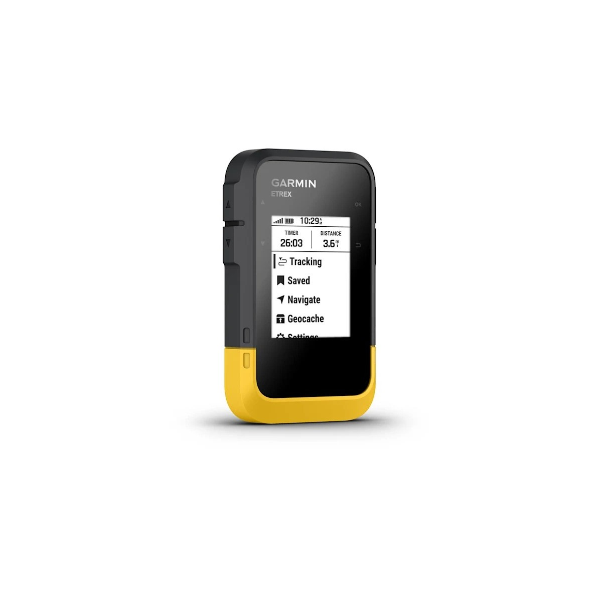 Ein Garmin eTrex GPS-Gerät in Schwarz und Gelb mit aktivem Display und Menüoptionen.