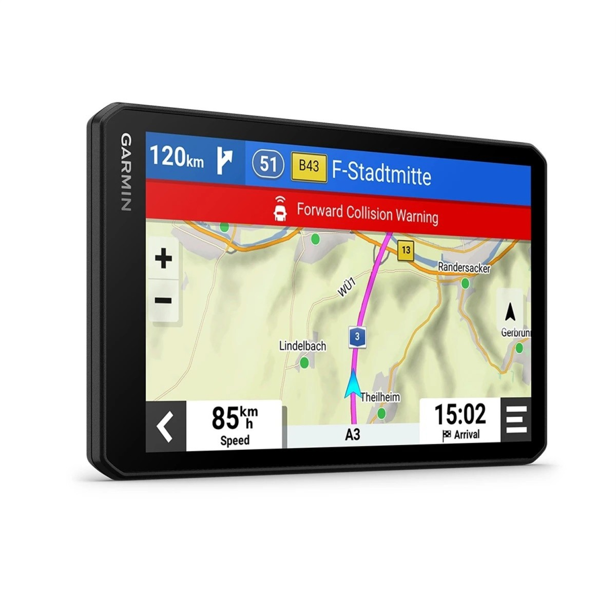 Garmin-Navigationsgerät mit aktiver Routenkarte, Geschwindigkeitsanzeige und einer roten Kollisionswarnung.