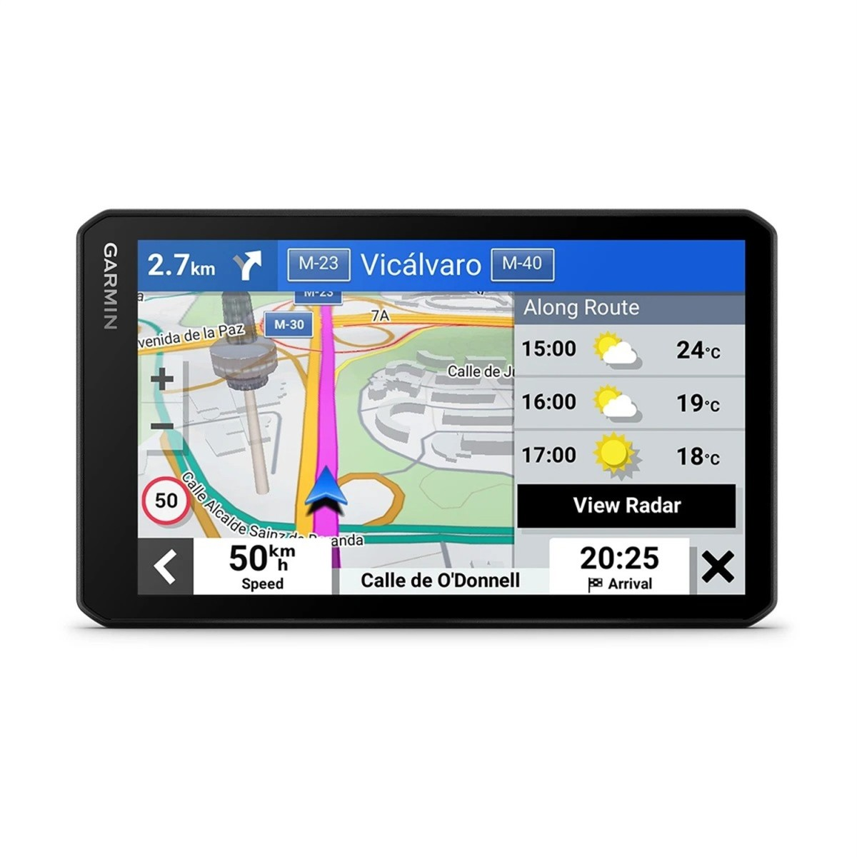 Ein Garmin-GPS-Gerät zeigt eine Navigationskarte, Routeninformationen und das Wetter am Straßenrand an.